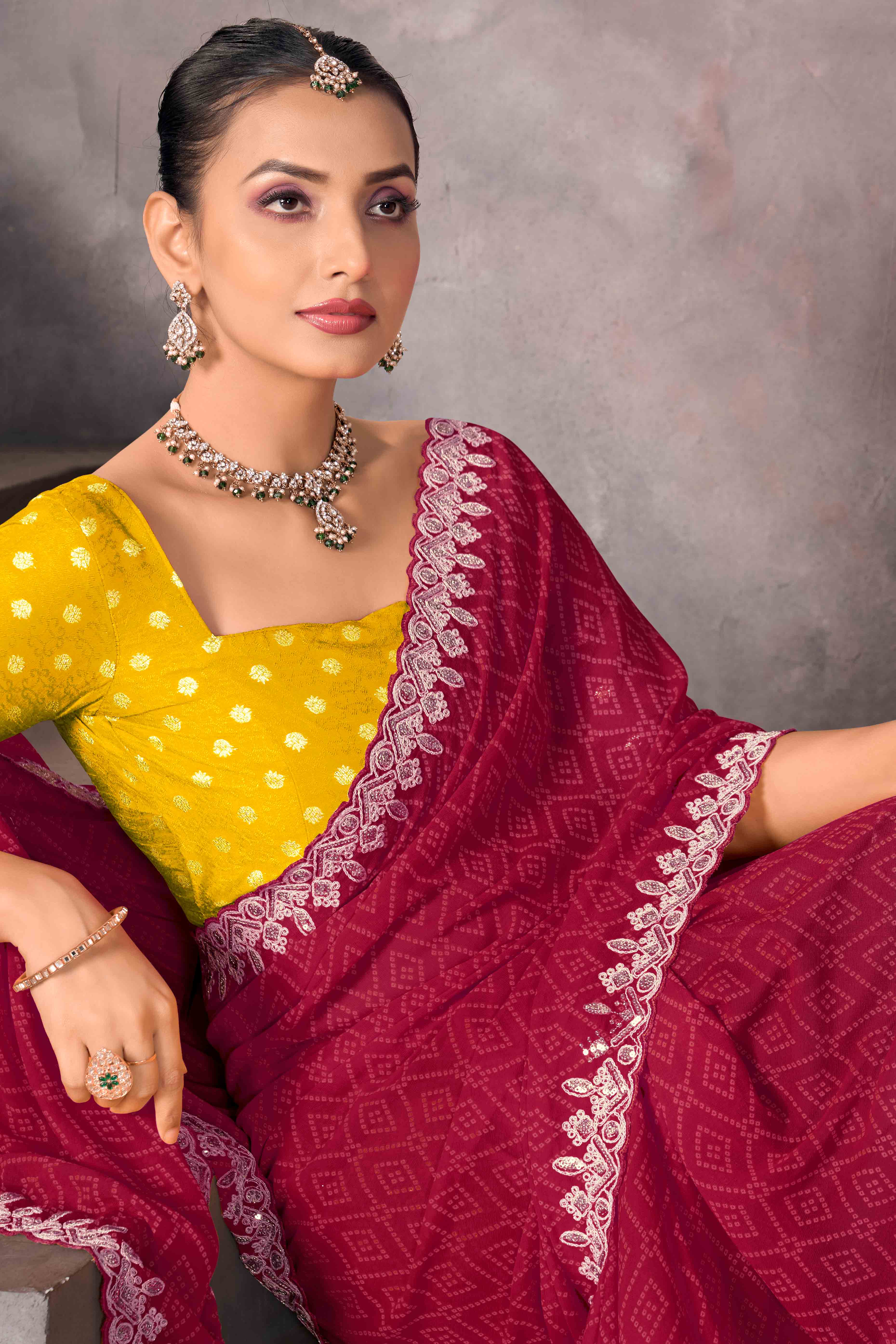 Modern Maroon Georgette Saree with Timeless Bandhani Prints