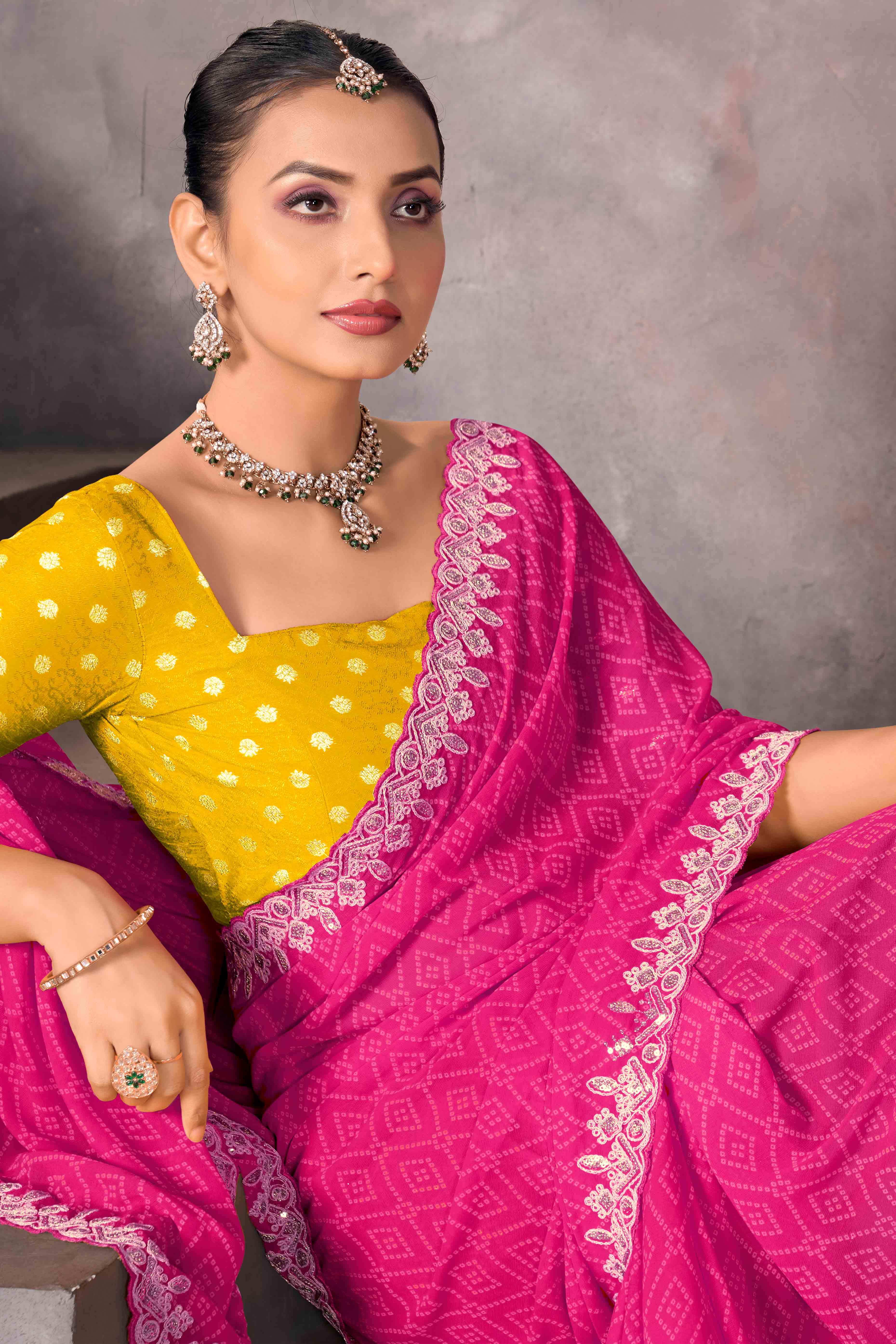 Modern Pink Georgette Saree with Timeless Bandhani Prints