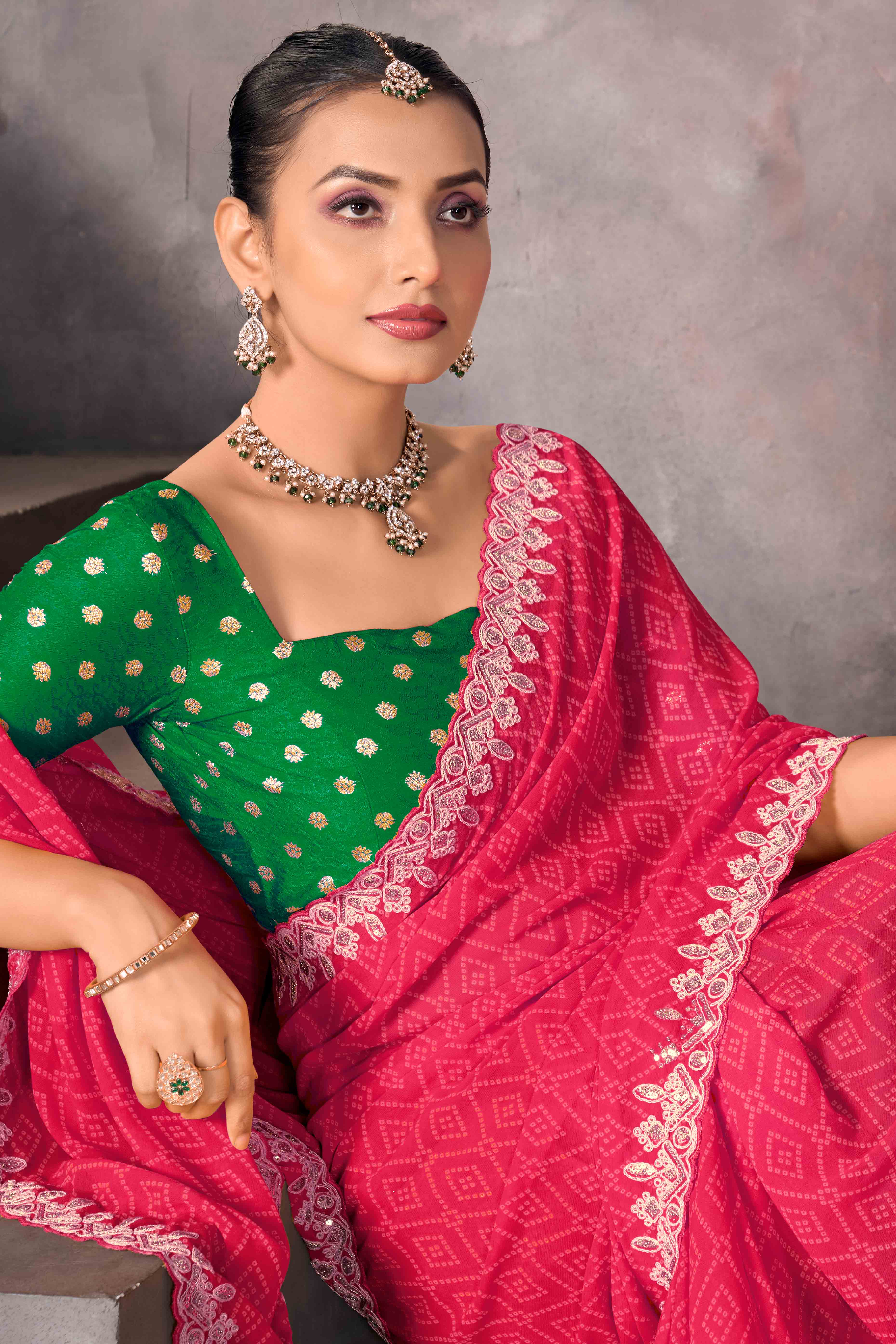 Modern Pink Georgette Saree with Timeless Bandhani Prints