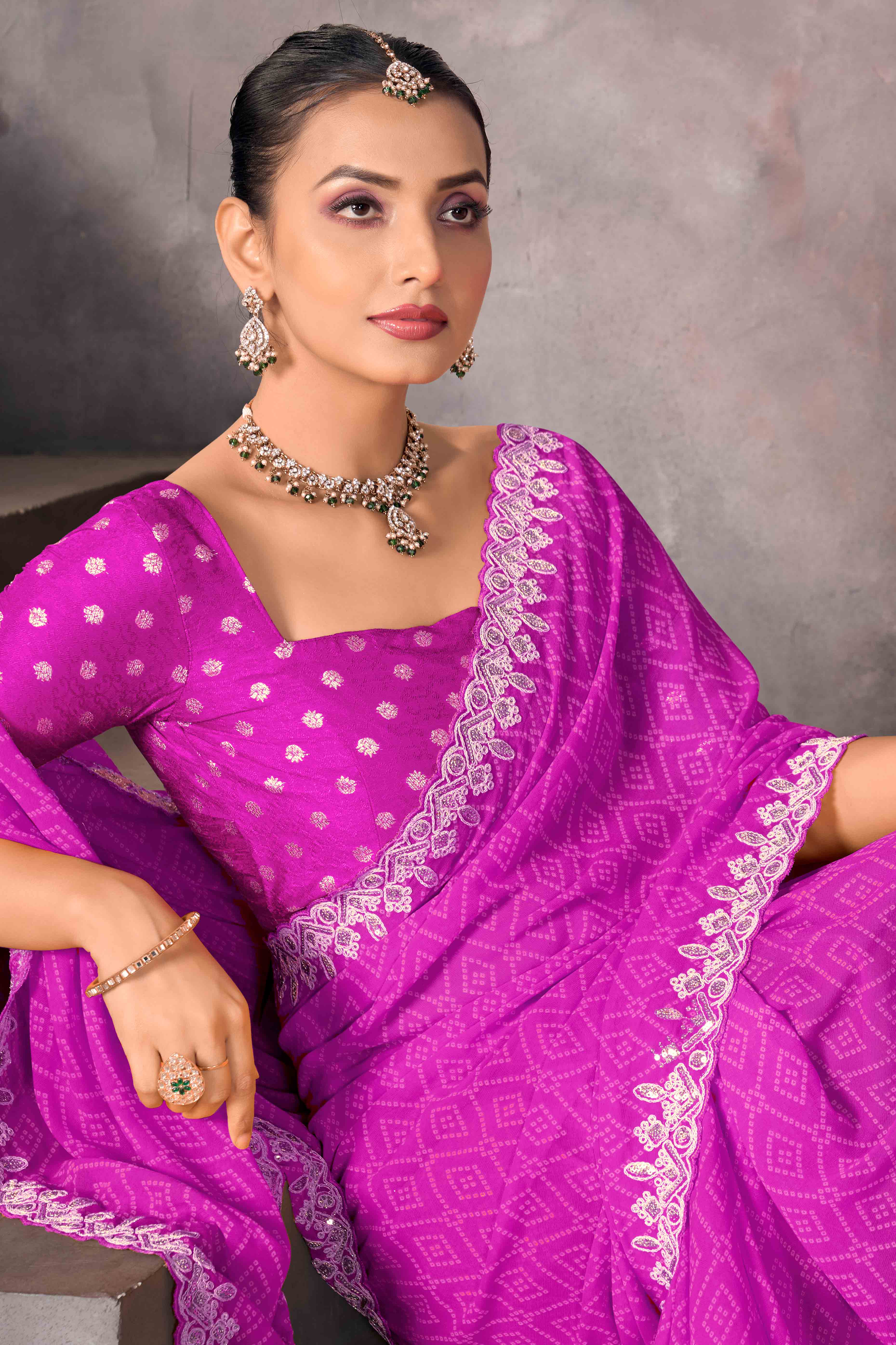 Modern Fuchsia Pink Georgette Saree with Timeless Bandhani Prints