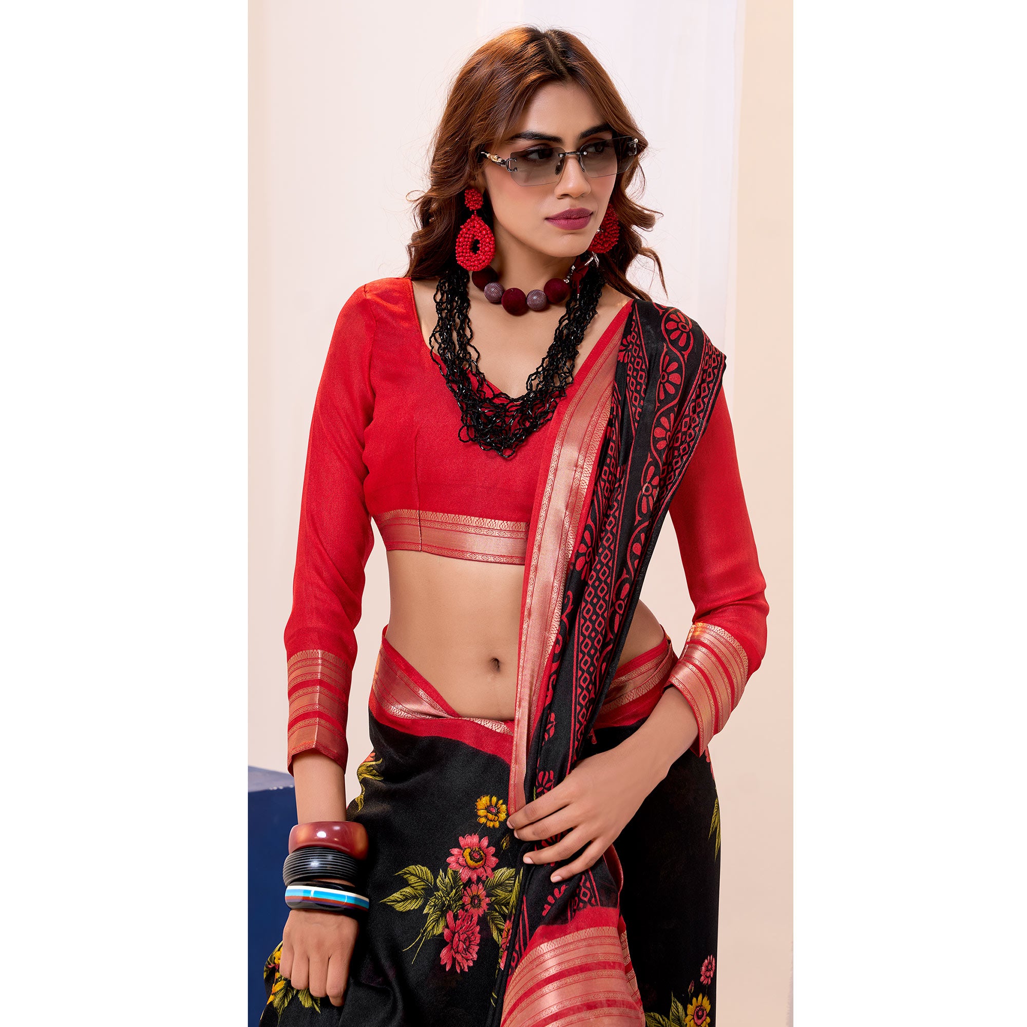 Black & Red Floral Printed Cotton Blend Saree With Woven Border