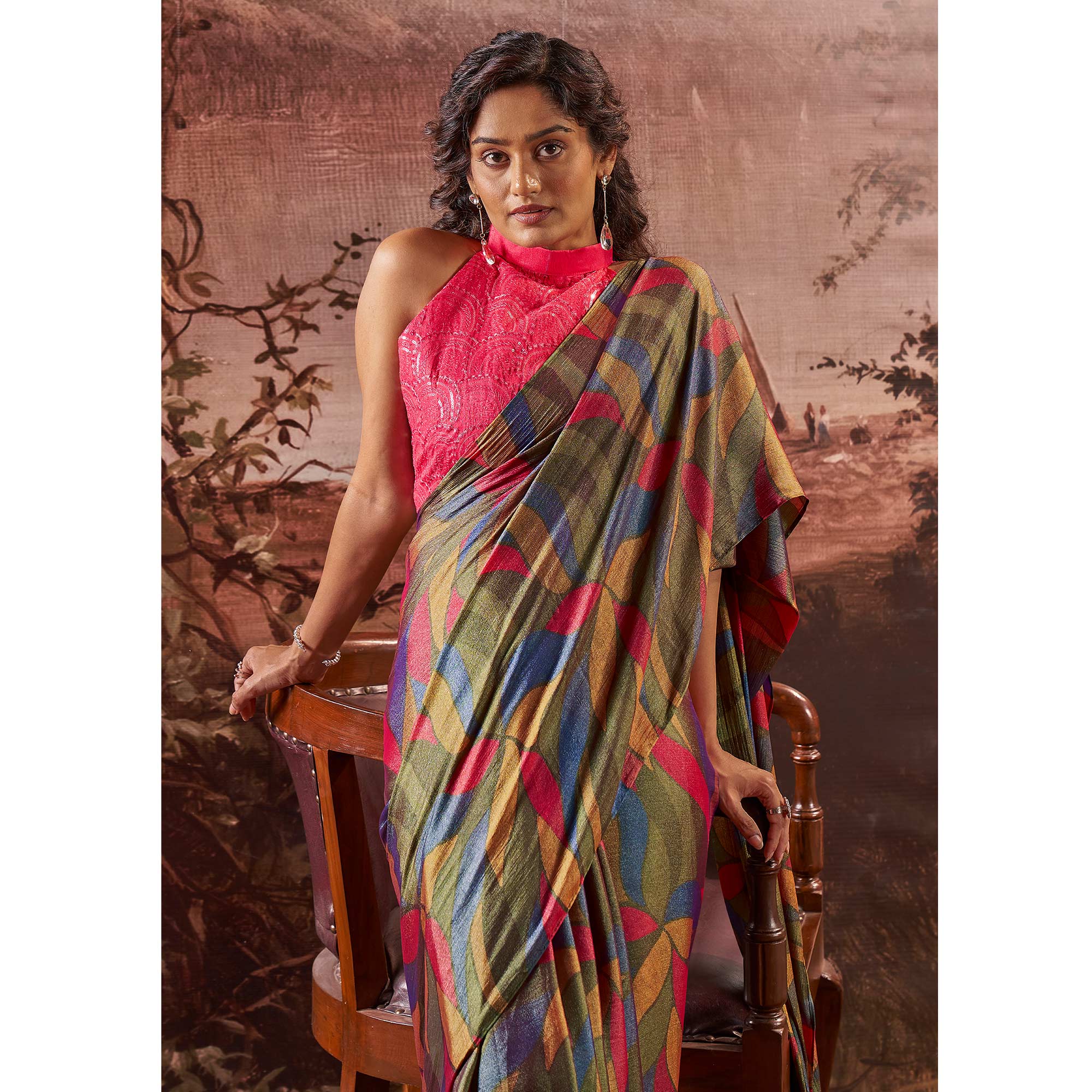 Olive Green Printed Nylon Saree With Tassels