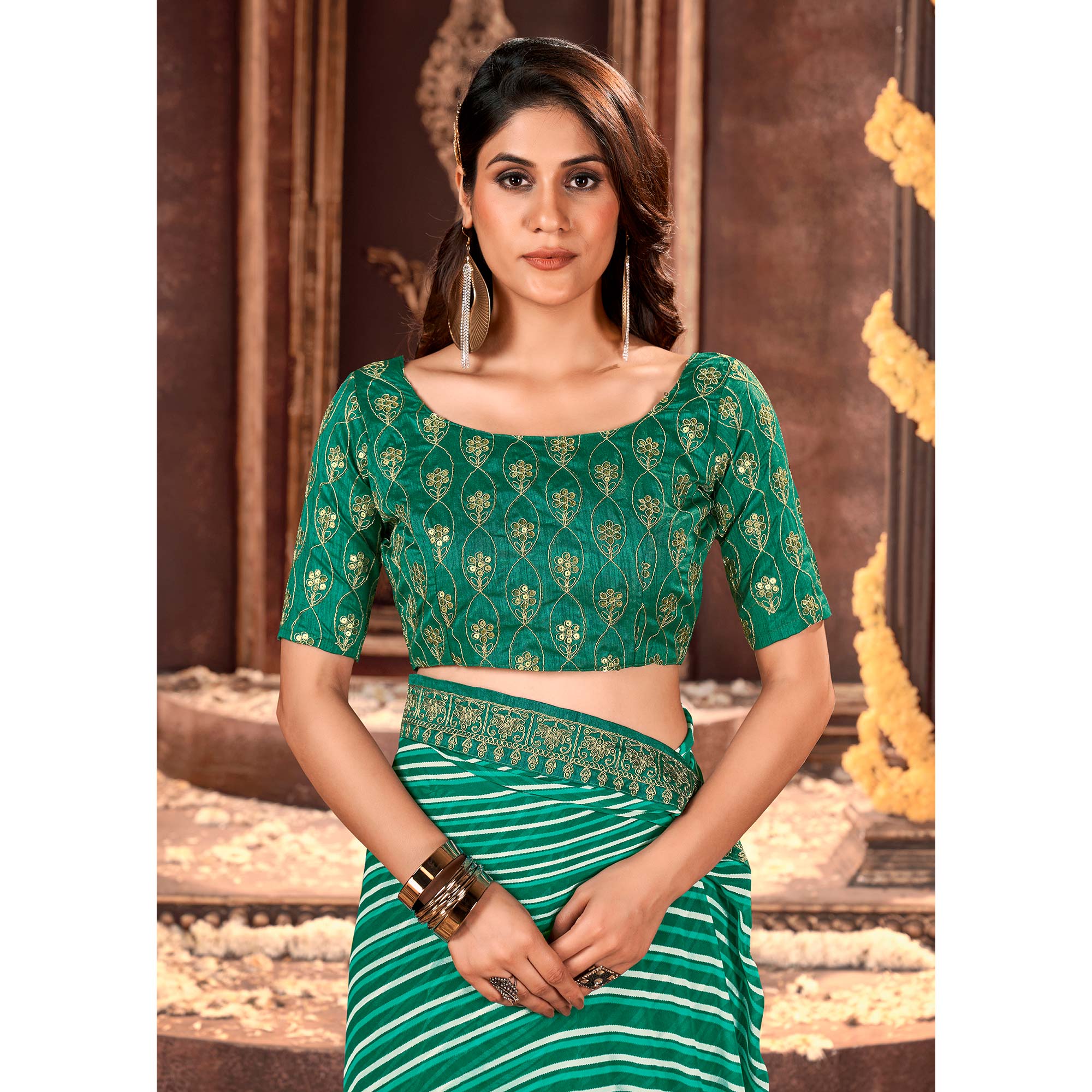 Sea Green Striped Printed Georgette Saree