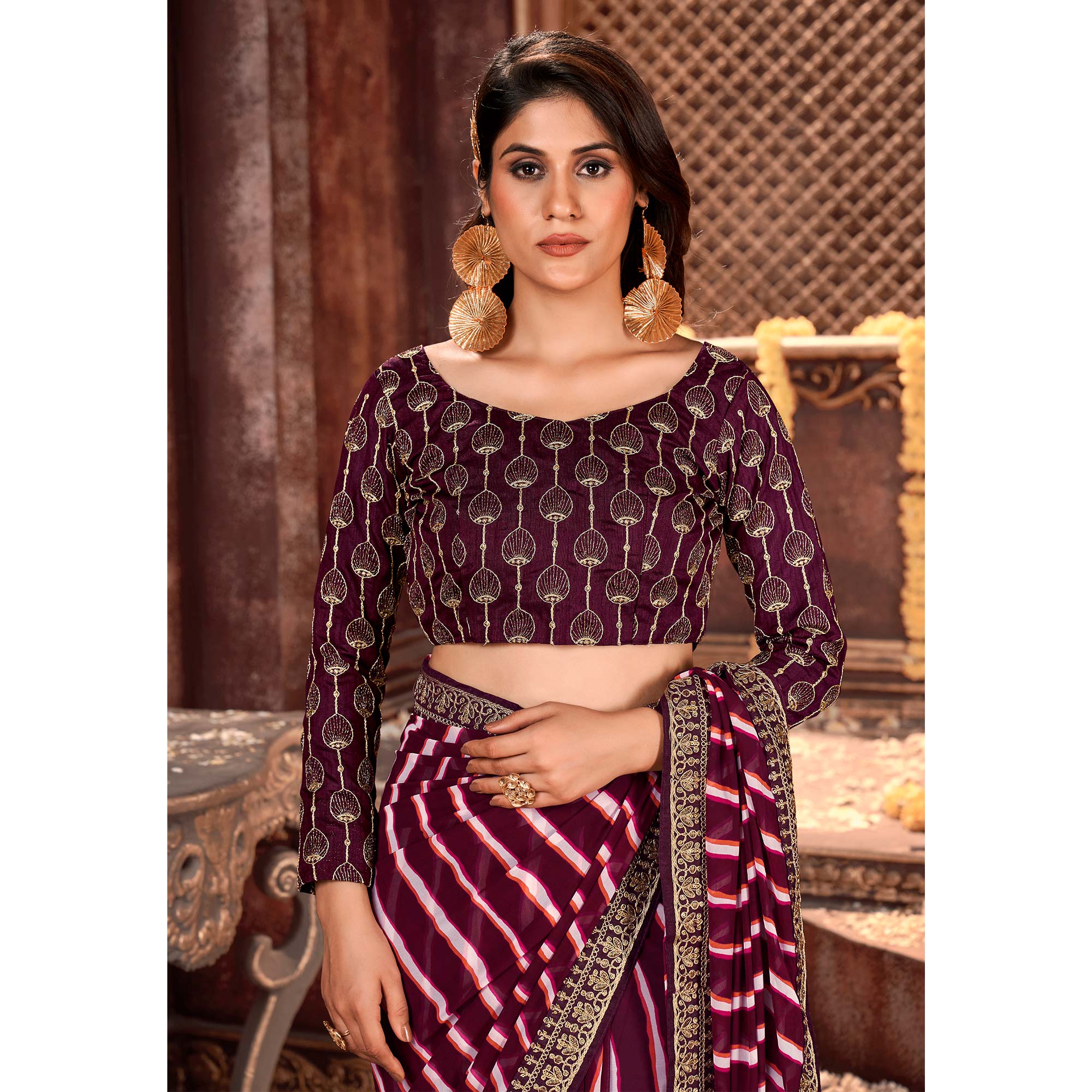 Wine Striped Printed Georgette Saree