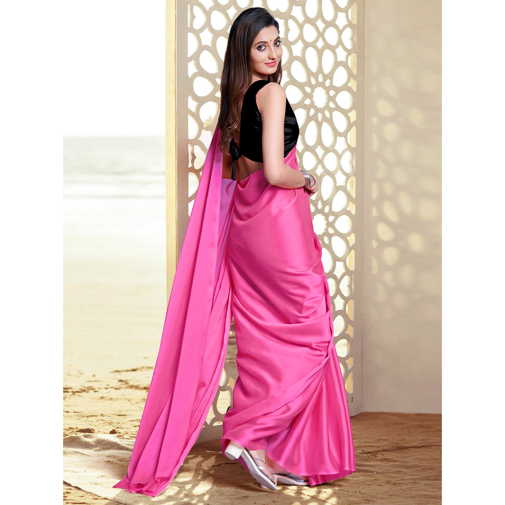 Pink Solid Georgette Saree