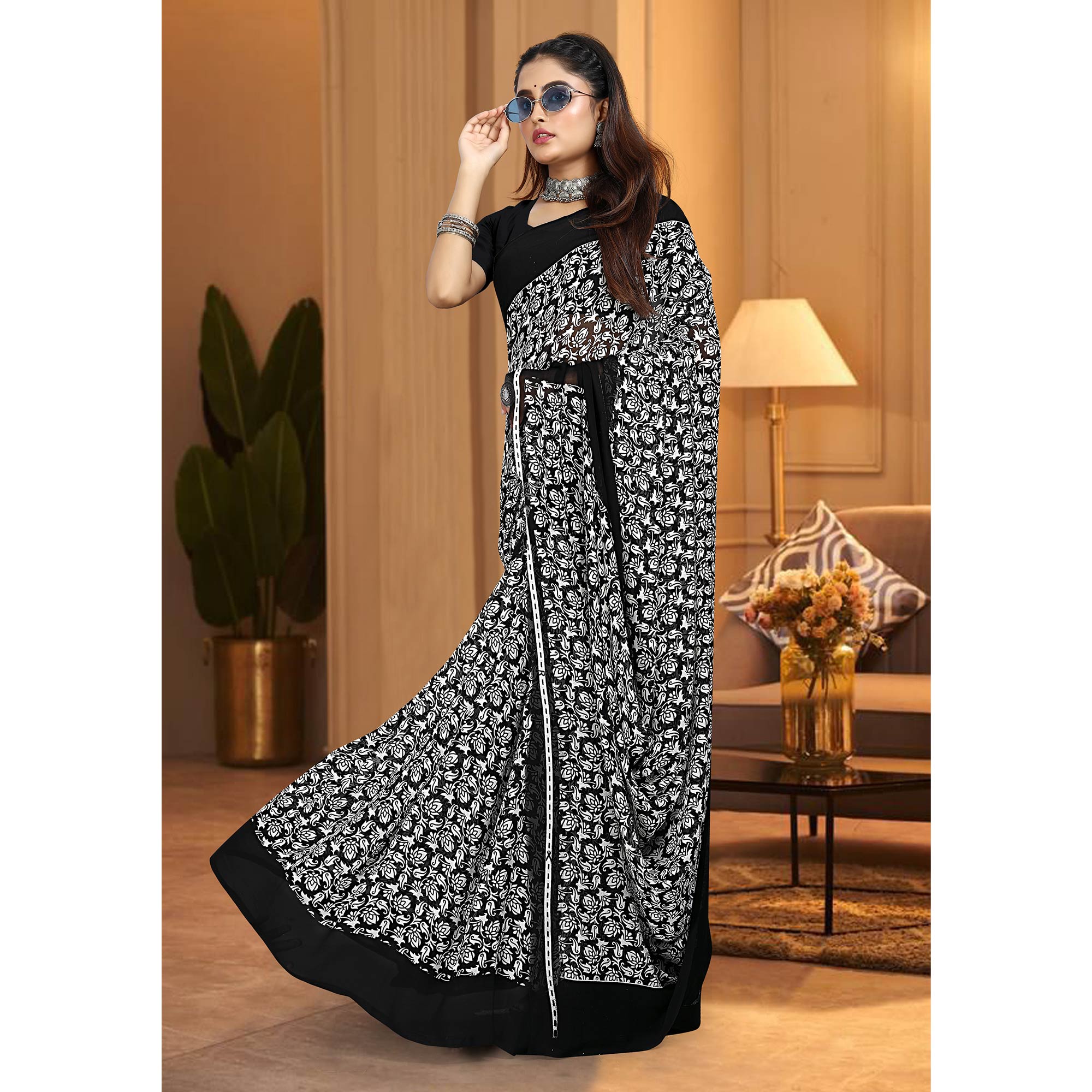 Black & White Floral Printed Georgette Saree