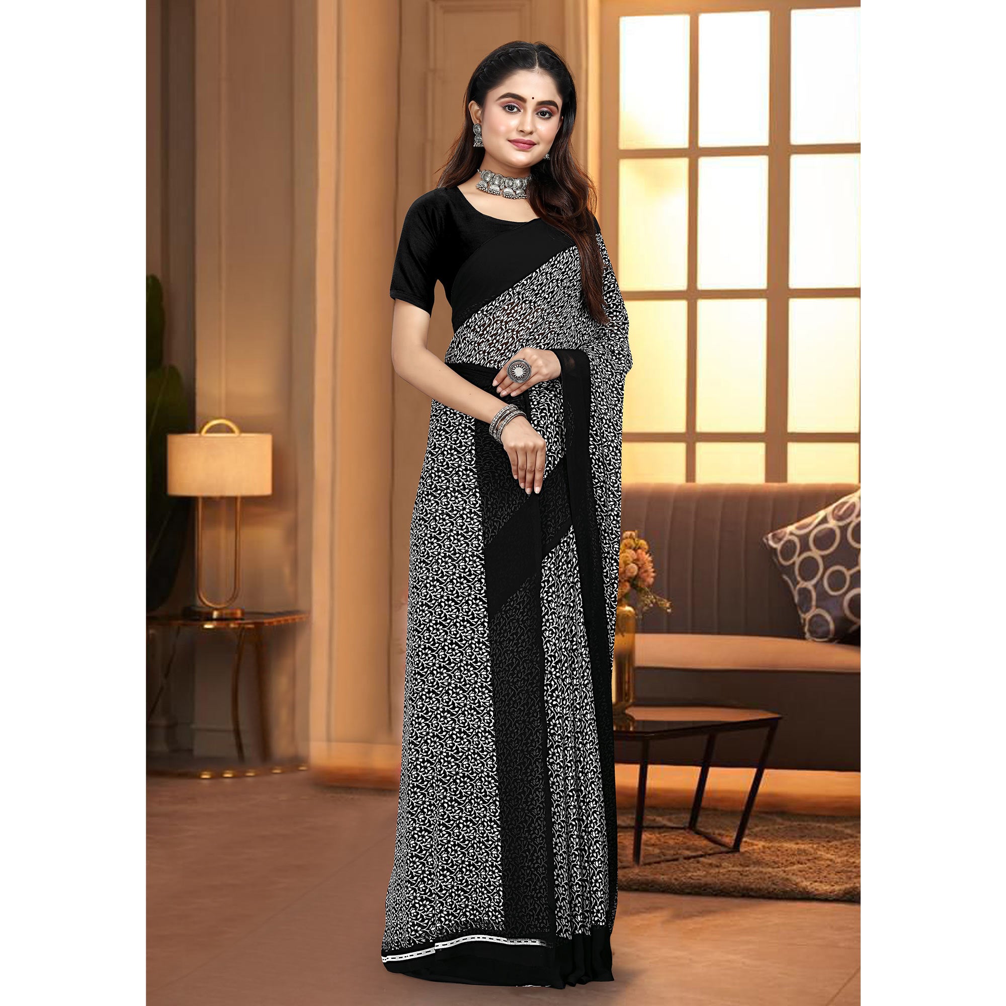 Black & White Floral Printed Georgette Saree