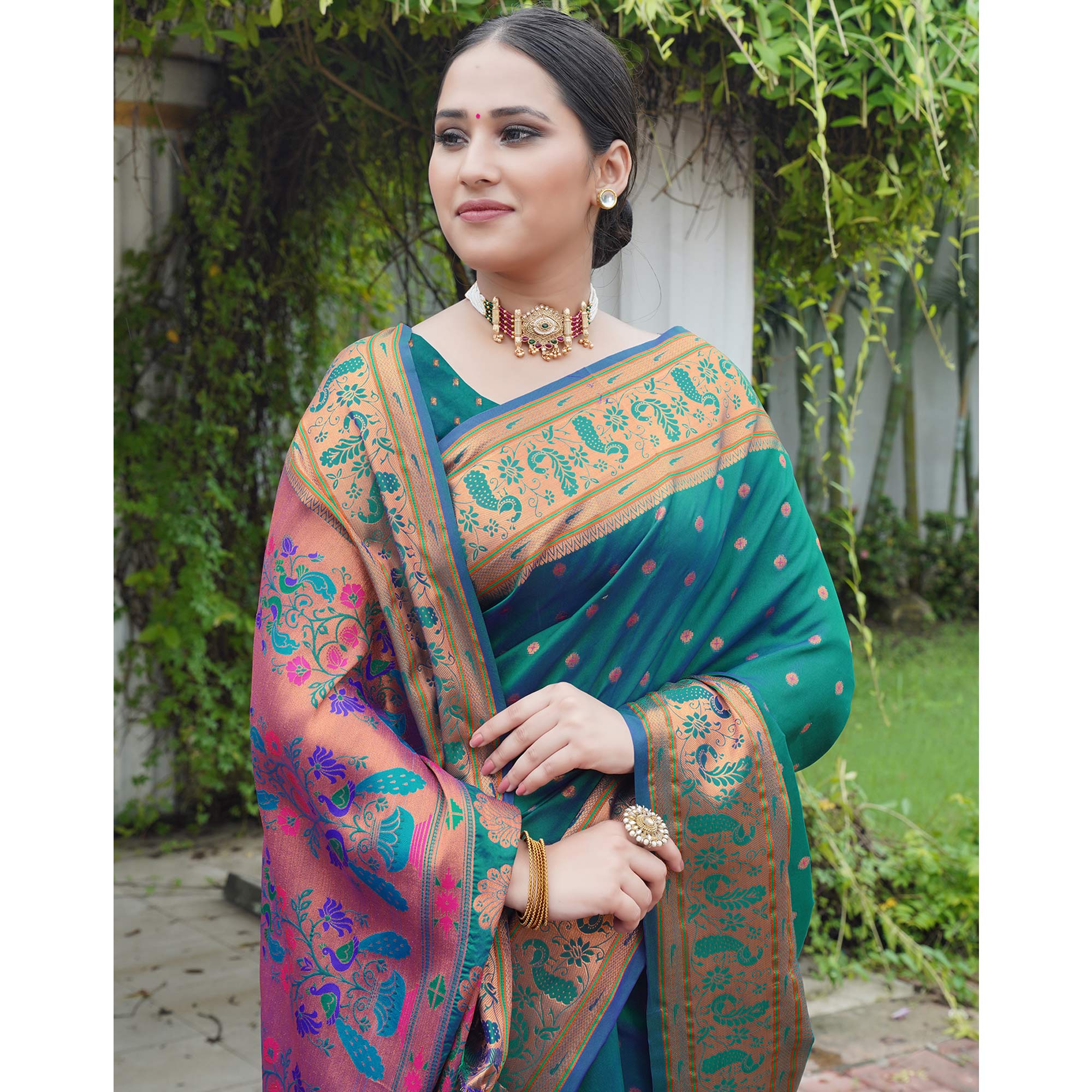 Rama Green Woven Paithani Art Silk Saree