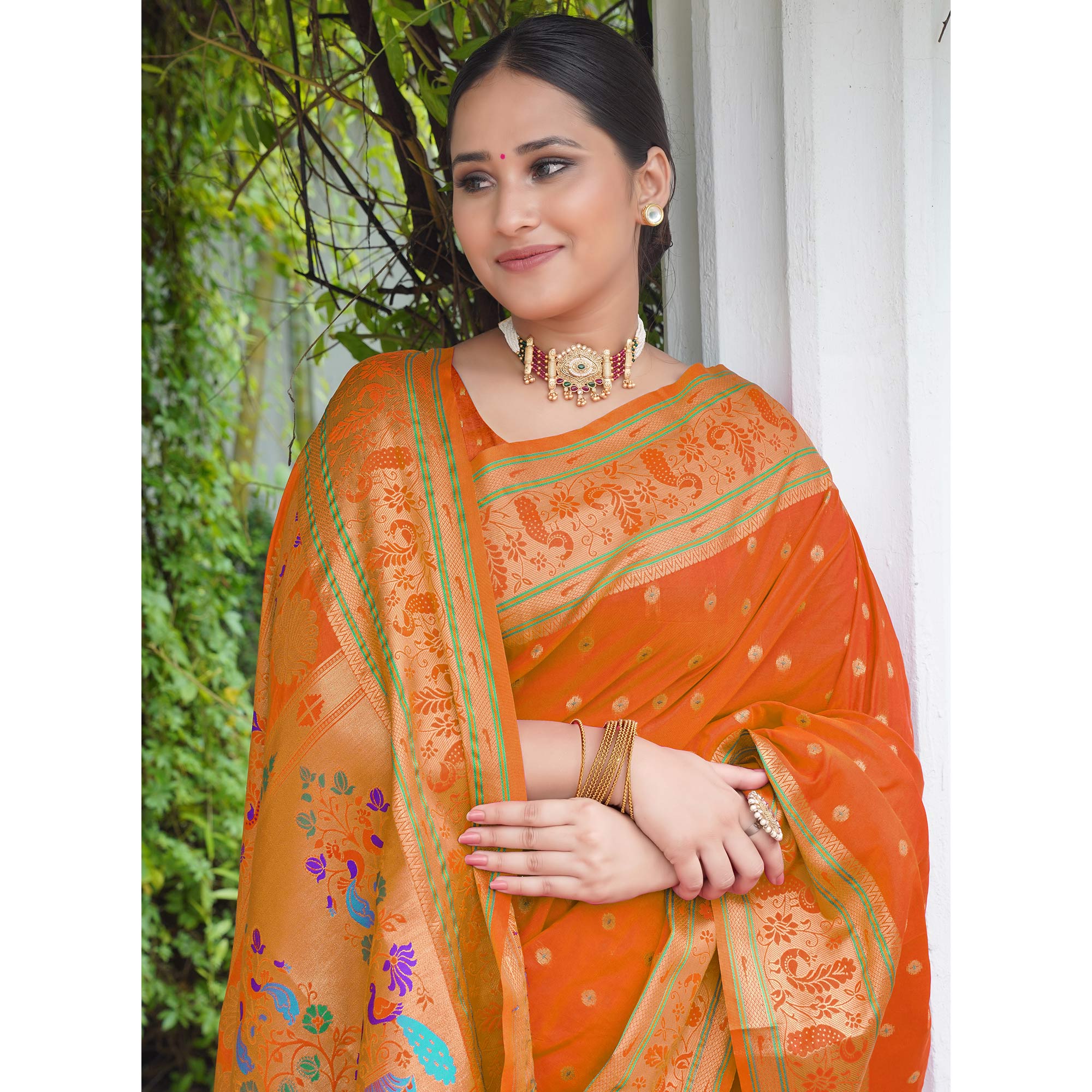 Orange Woven Paithani Art Silk Saree