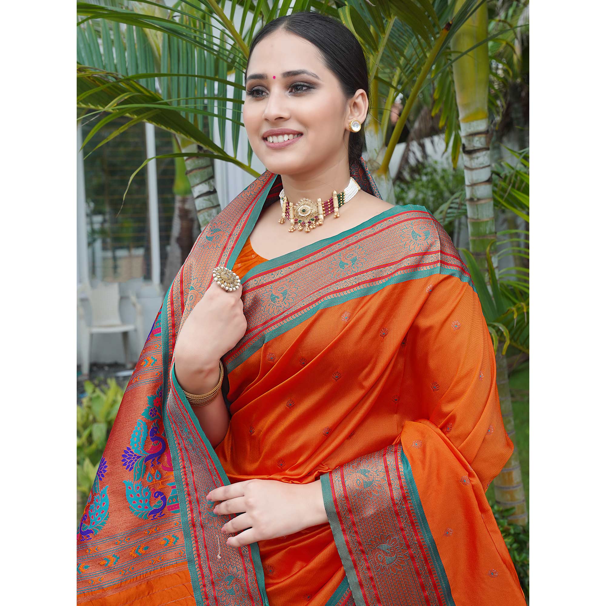 Orange Woven Paithani Art Silk Saree