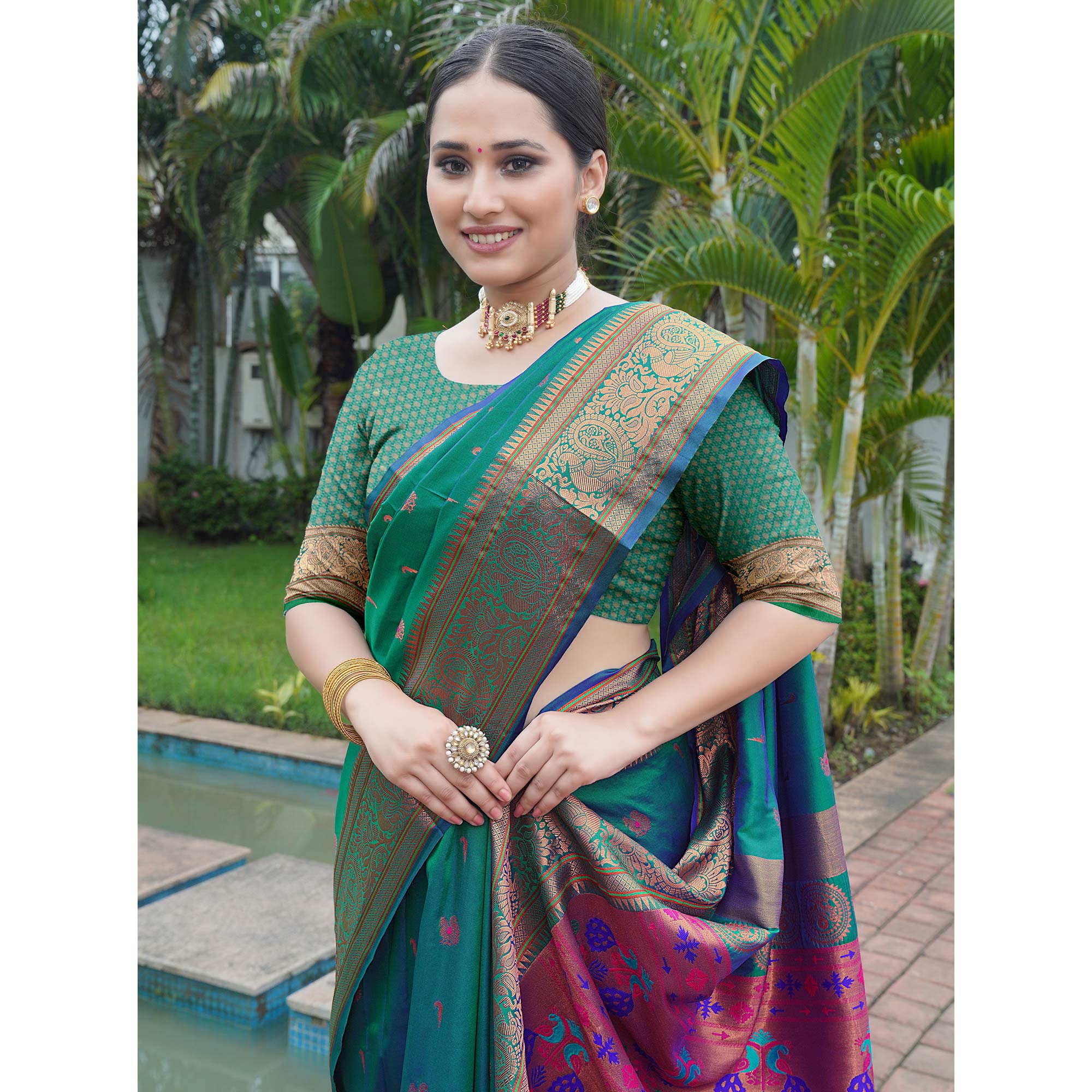 Rama Green Woven Paithani Art Silk Saree