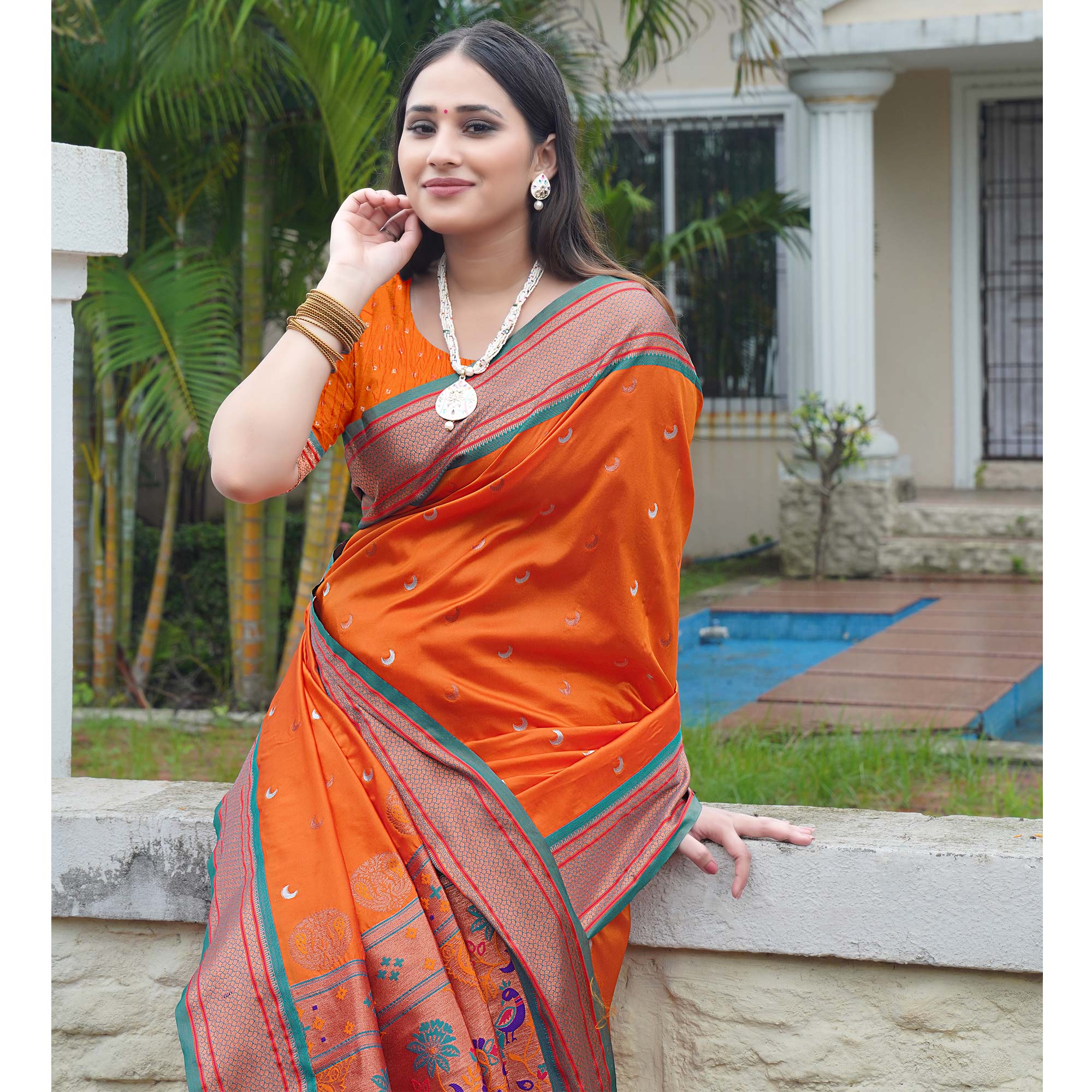 Orange Woven Paithani Art Silk Saree