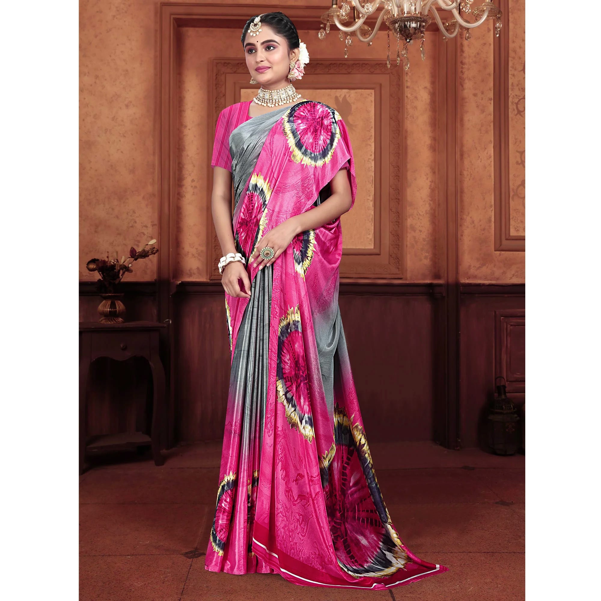 Grey & Pink Printed Crepe Silk Saree