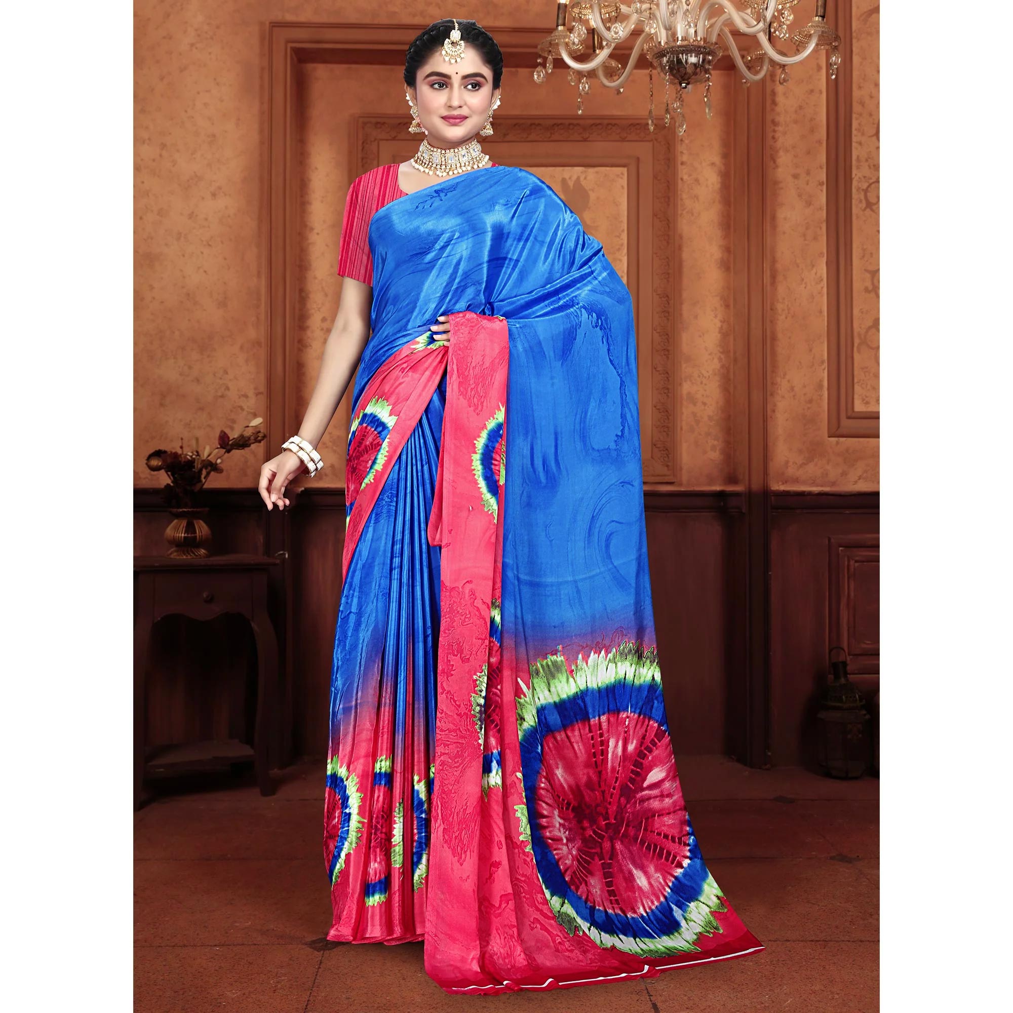 Blue & Pink Printed Crepe Silk Saree