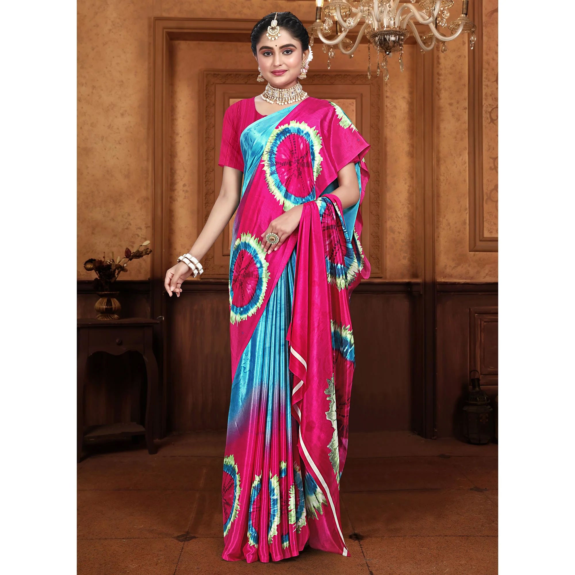 Blue & Pink Printed Crepe Silk Saree