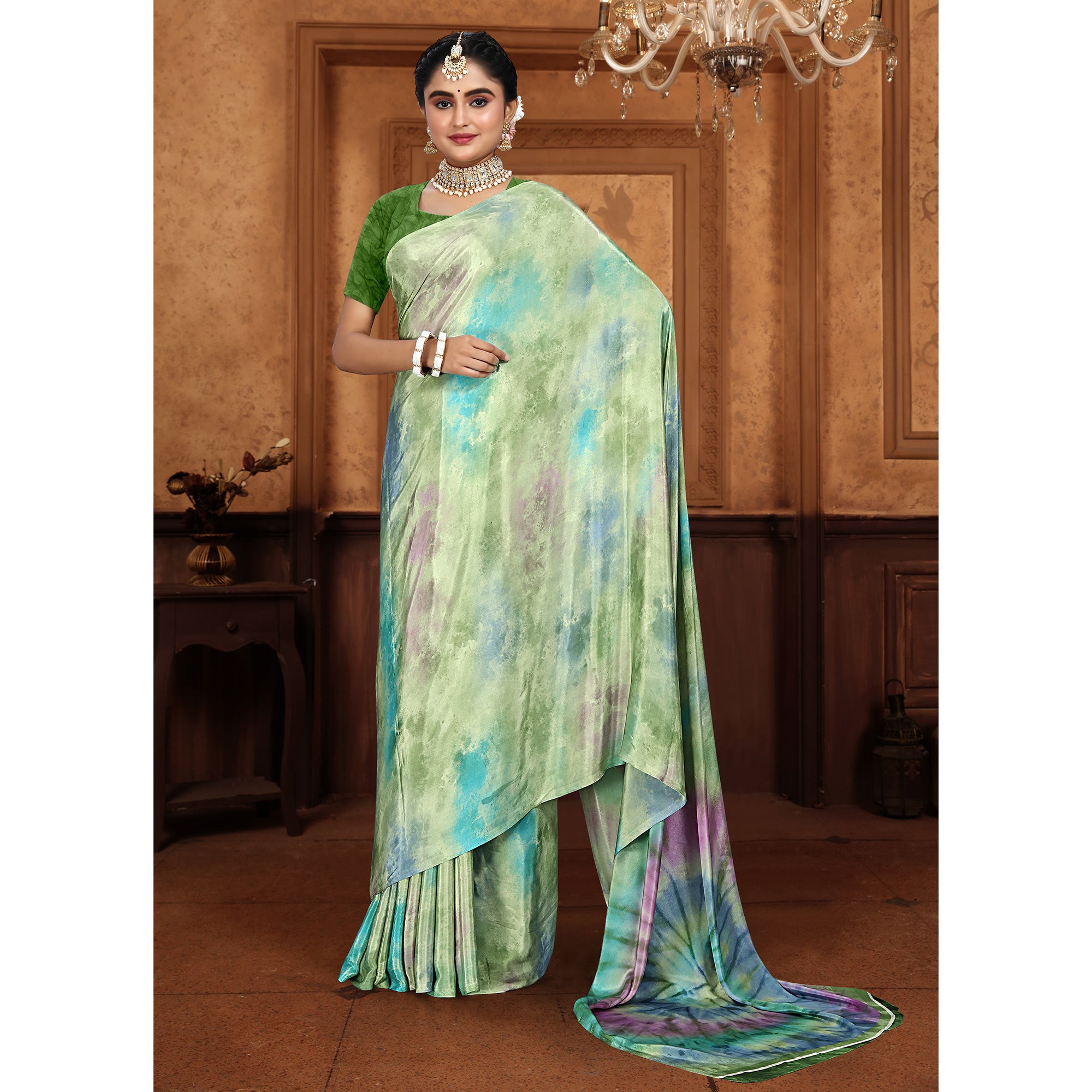 Green Printed Crepe Silk Saree