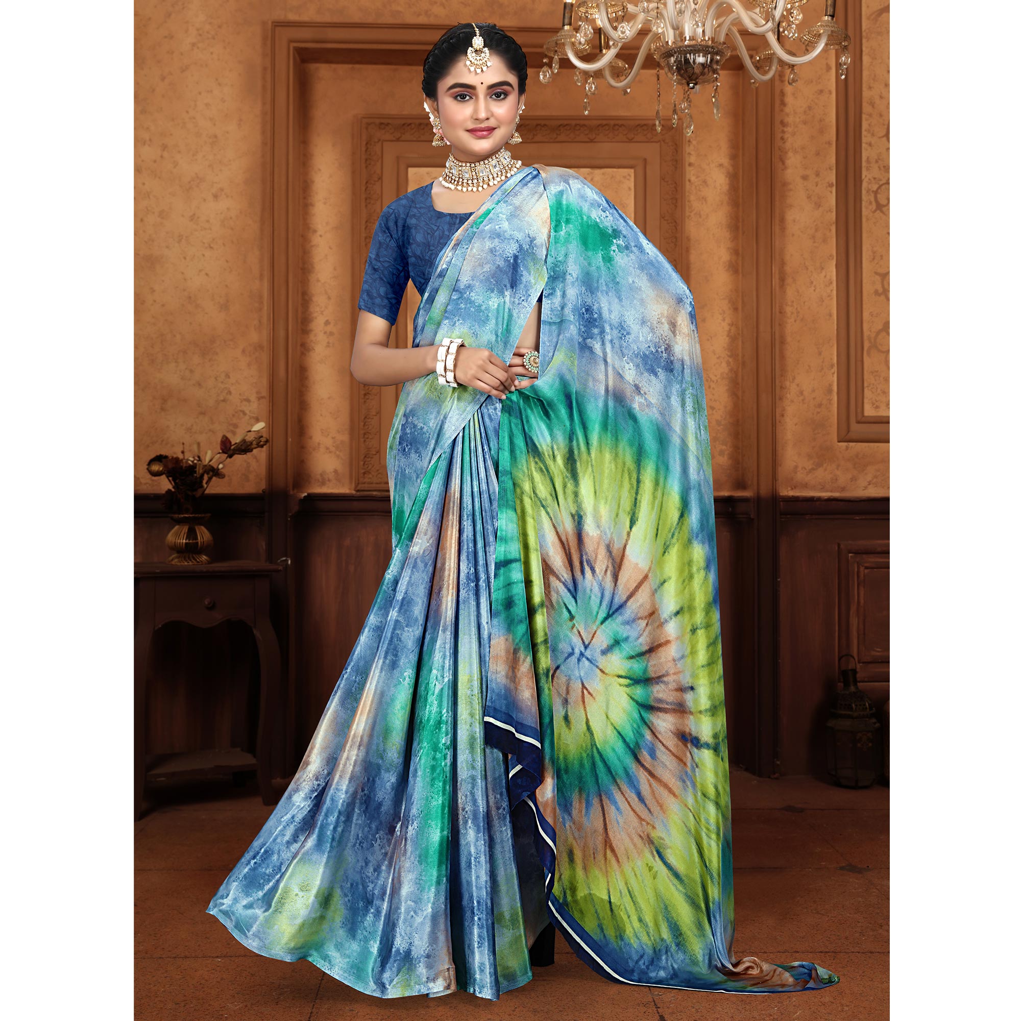 Blue Printed Crepe Silk Saree