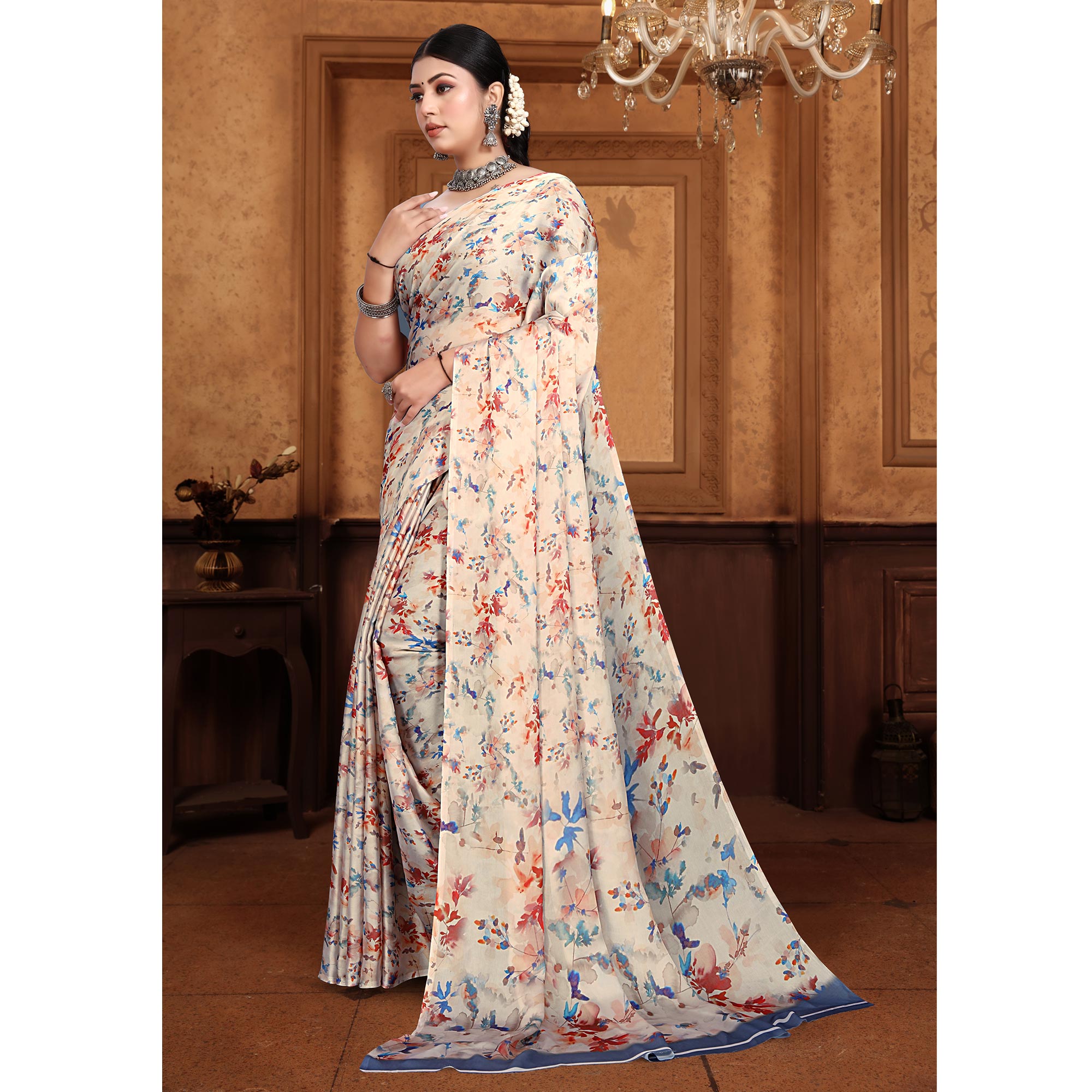 Cream Floral Digital Printed Georgette Saree