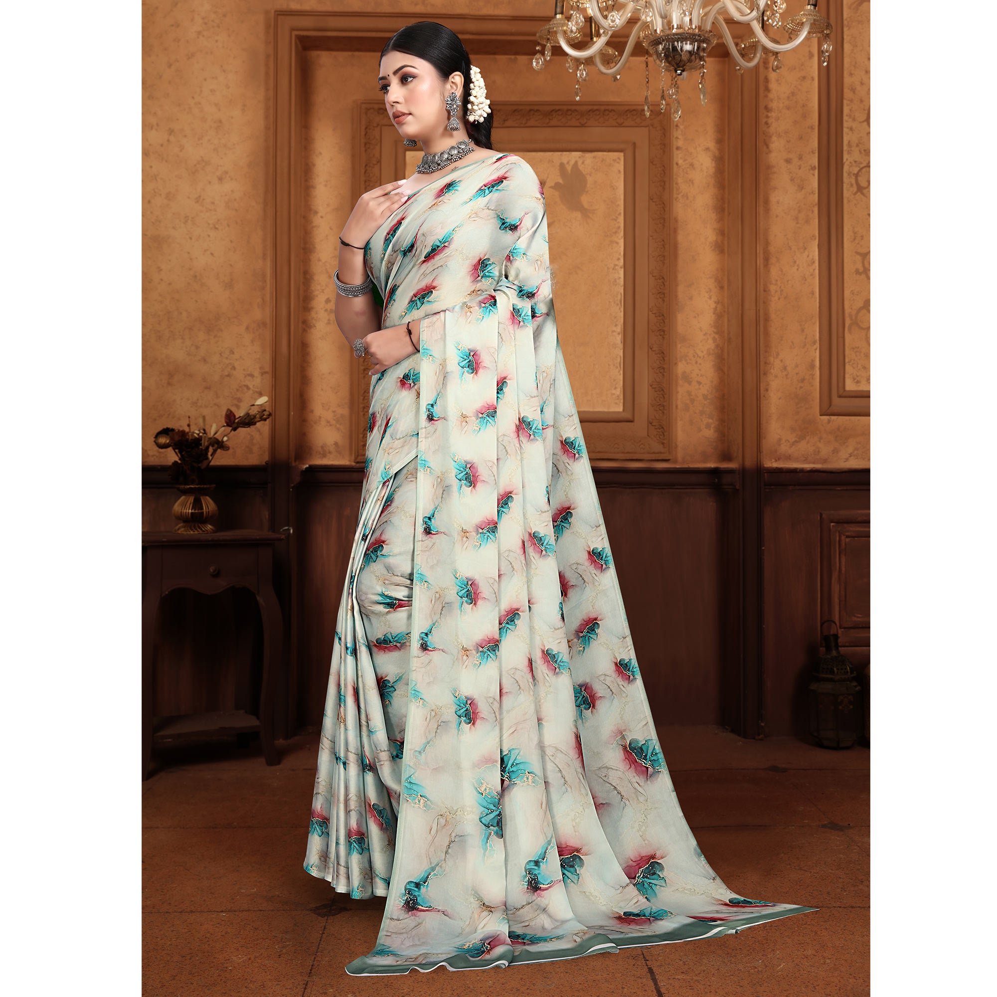 Cream Digital Printed Georgette Saree