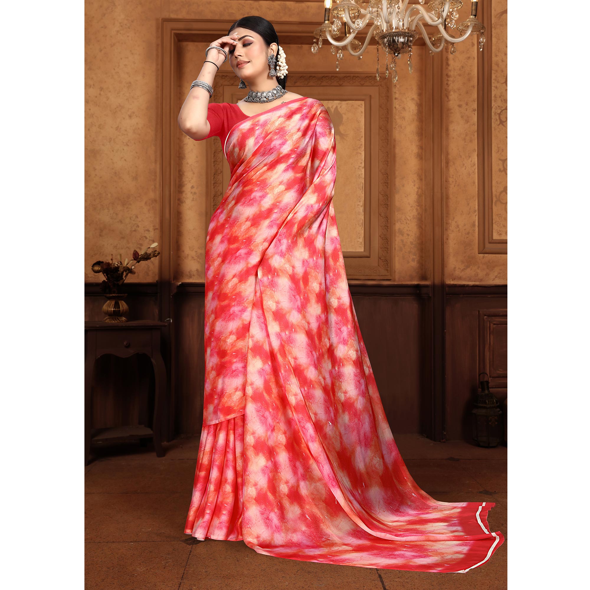 Rani Pink Abstract Digital Printed Georgette Saree