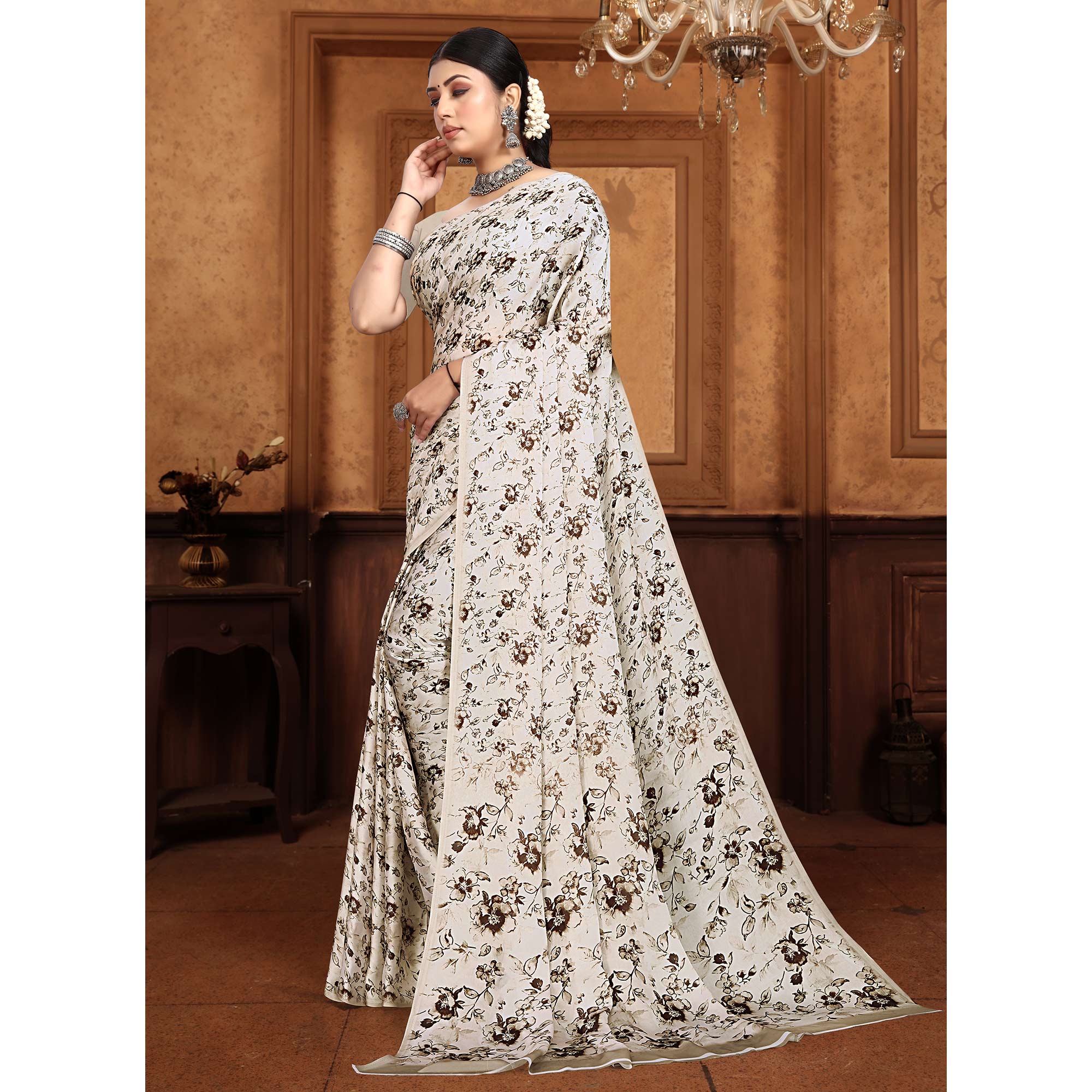 Offwhite Floral Digital Printed Georgette Saree