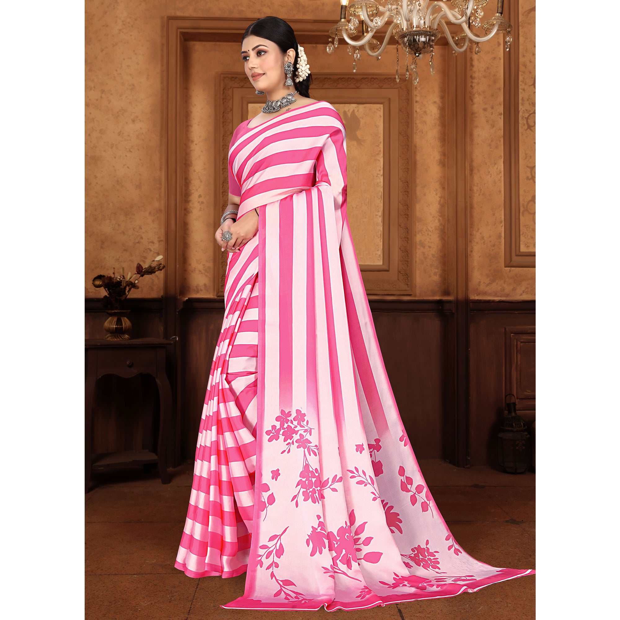 Pink Striped Digital Printed Georgette Saree