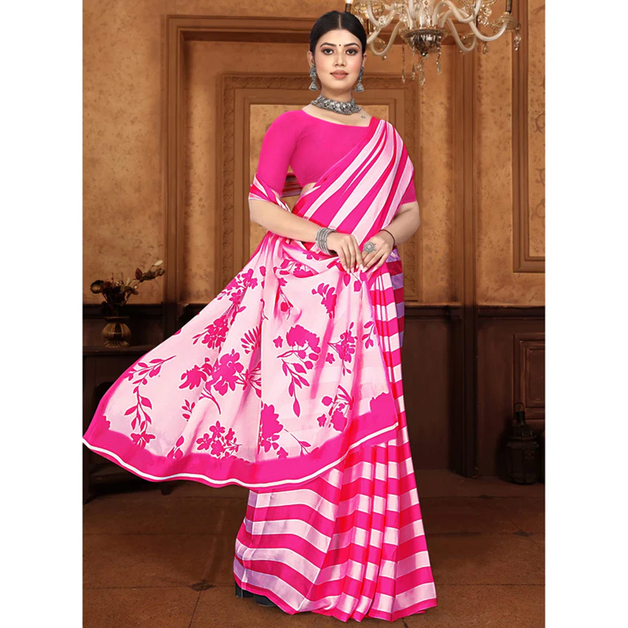Pink Striped Digital Printed Georgette Saree