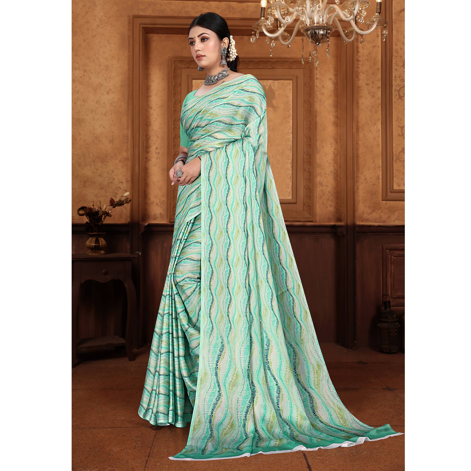 Green Zig Zag  Digital Printed Georgette Saree