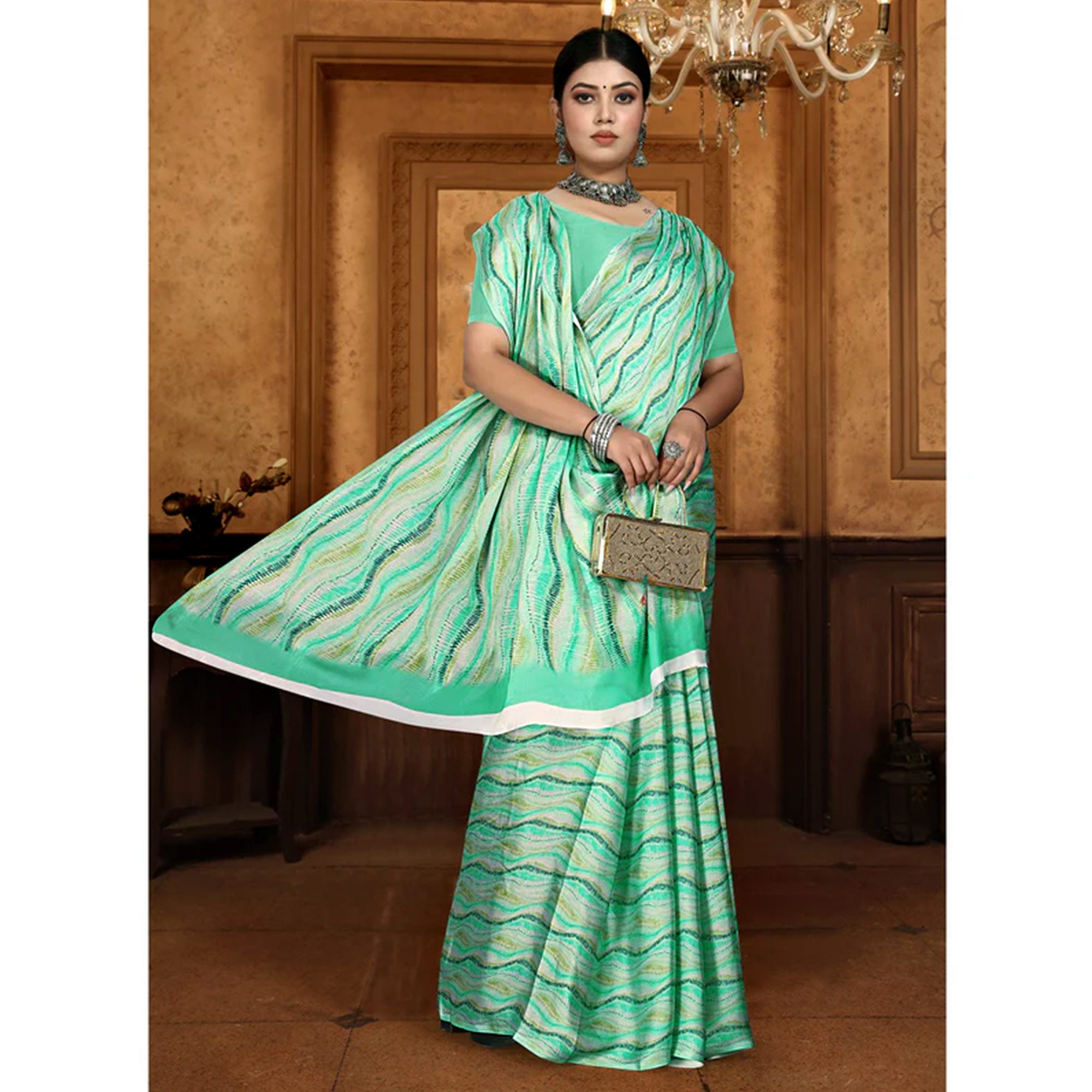 Green Zig Zag  Digital Printed Georgette Saree