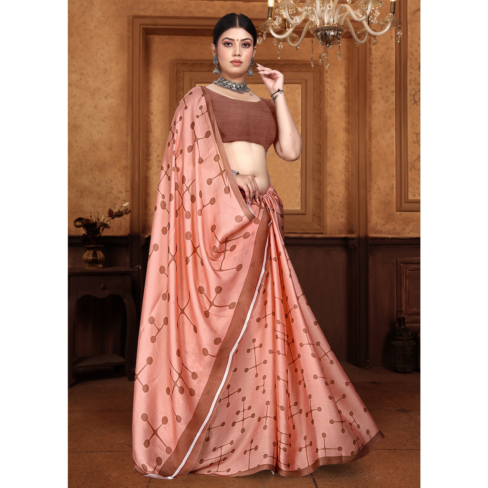 Peach Digital Printed Georgette Saree