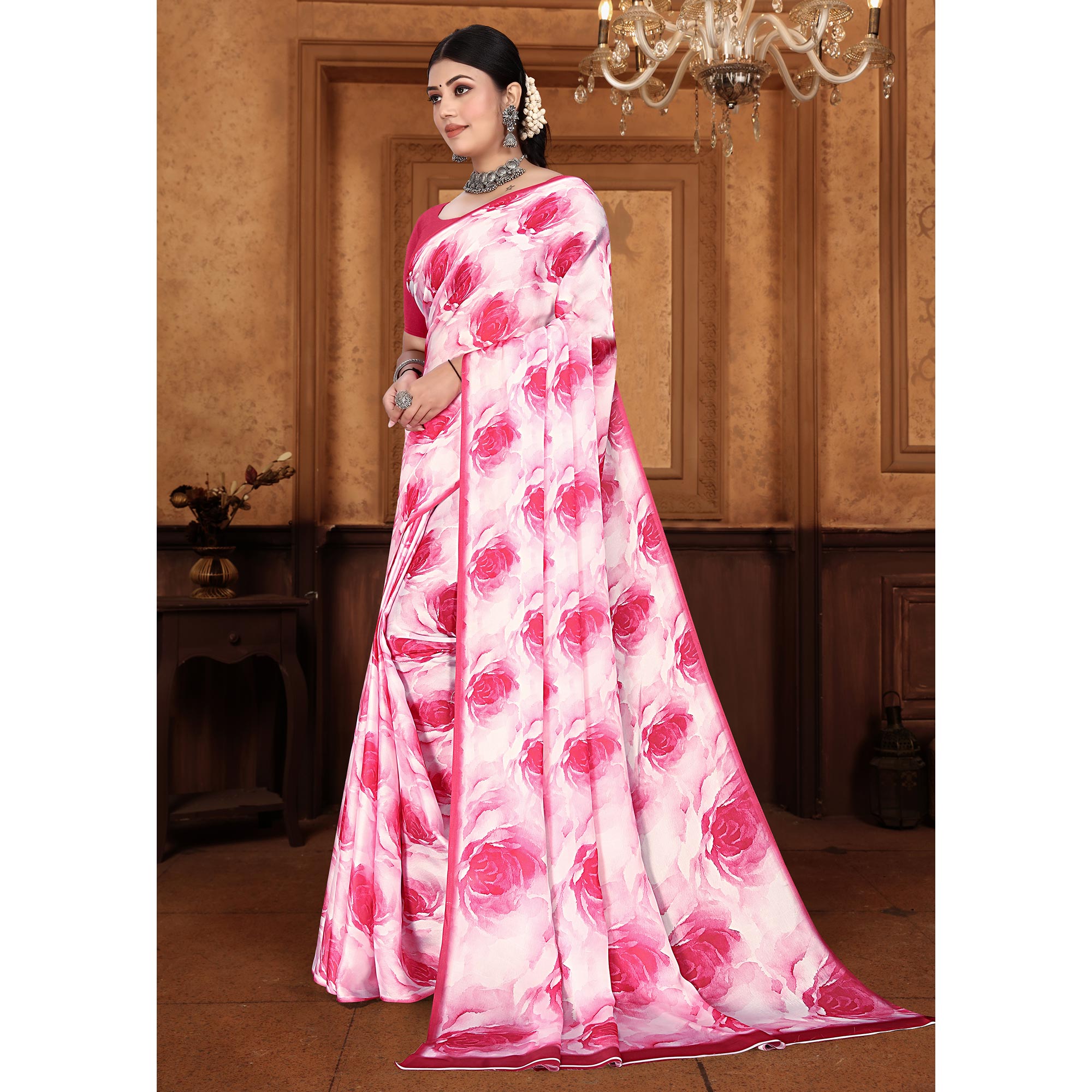 Pink Floral Digital Printed Georgette Saree