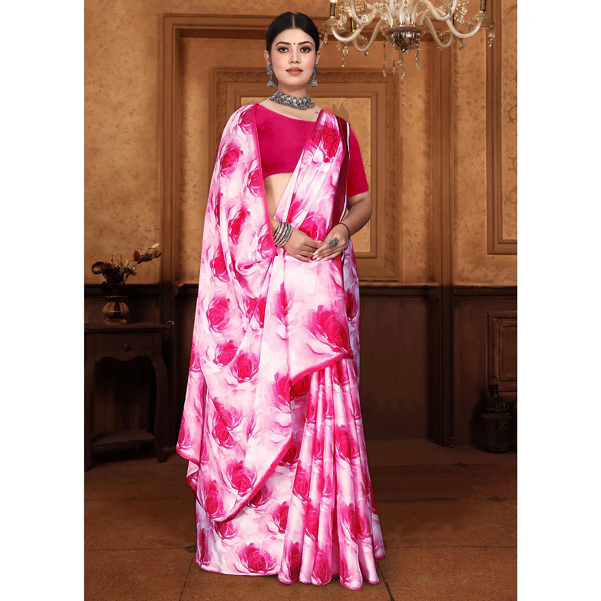 Pink Floral Digital Printed Georgette Saree