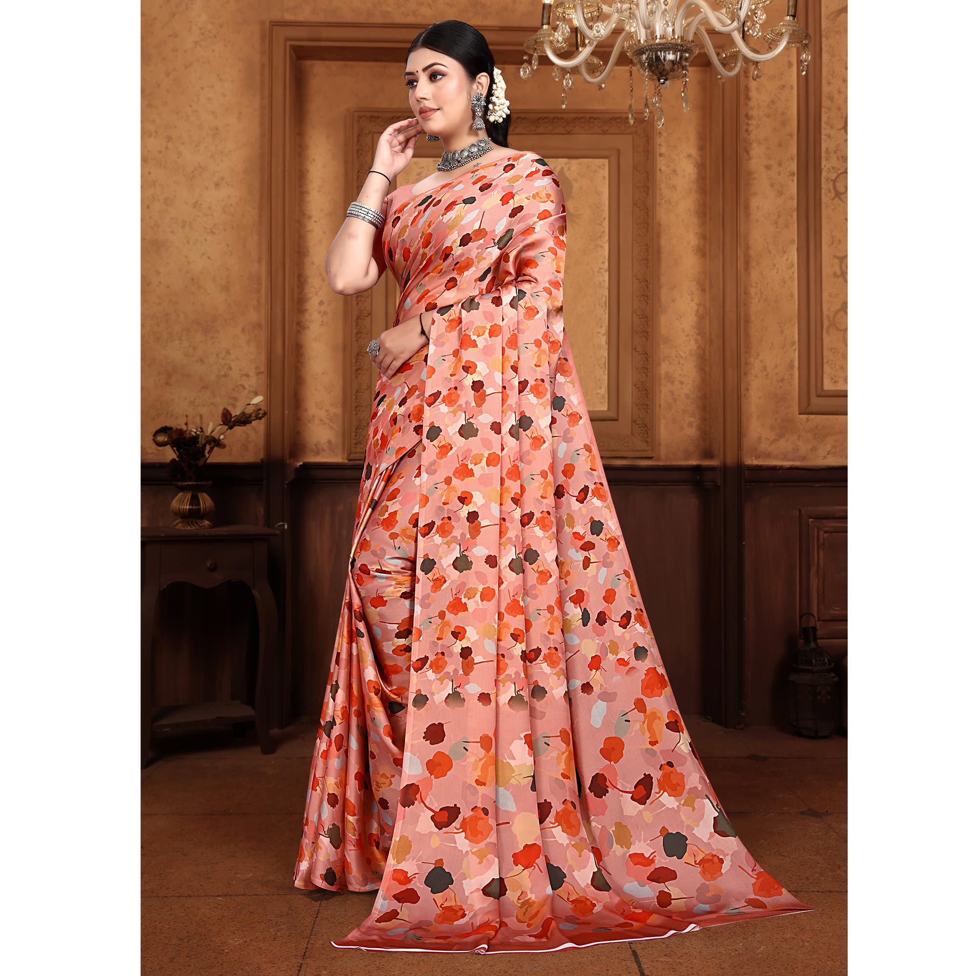 Peach Floral Digital Printed Georgette Saree