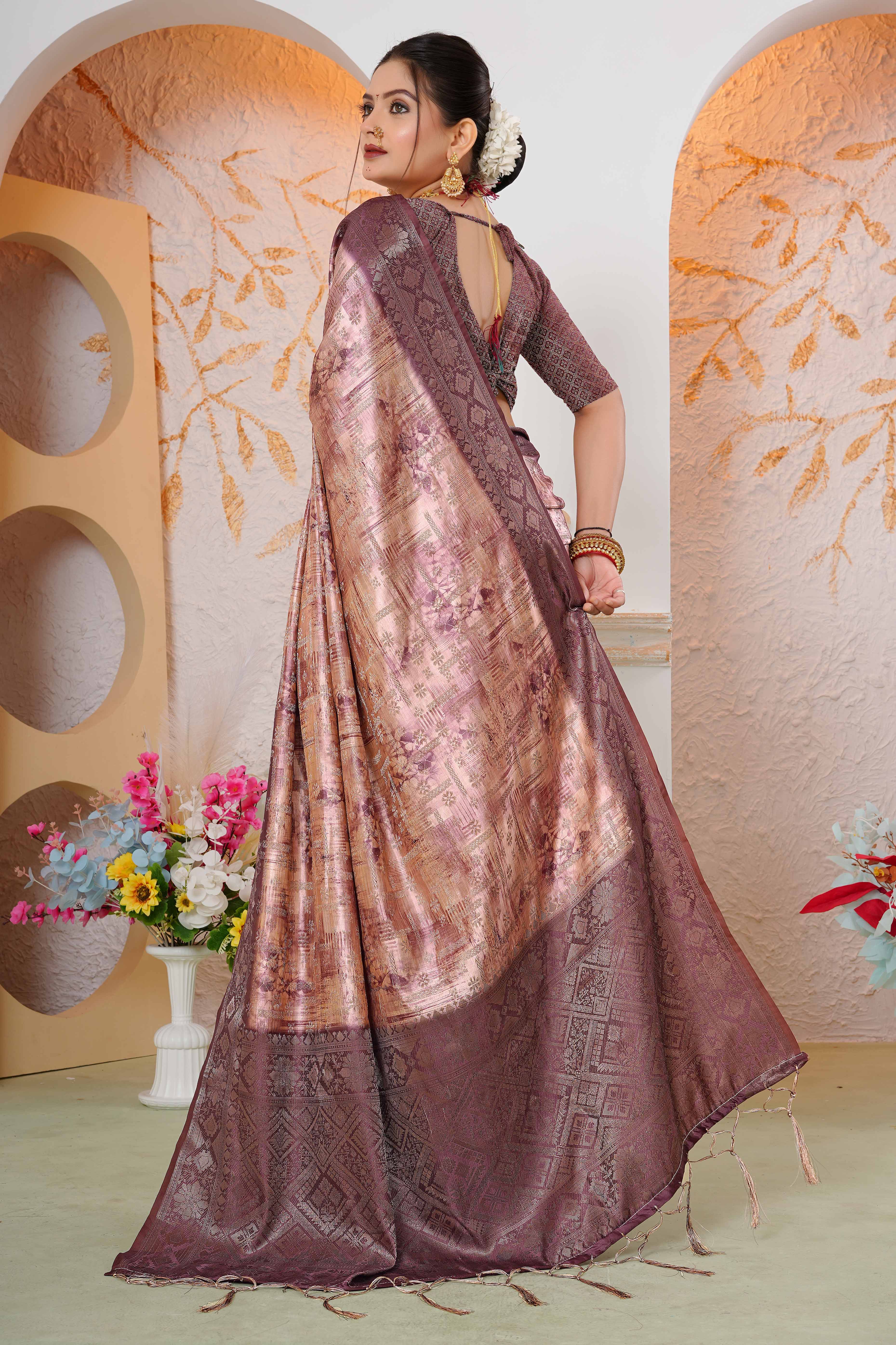 Premium Peach Woven & Digitally Printed Silk Saree with Stylish Tassel Pallu