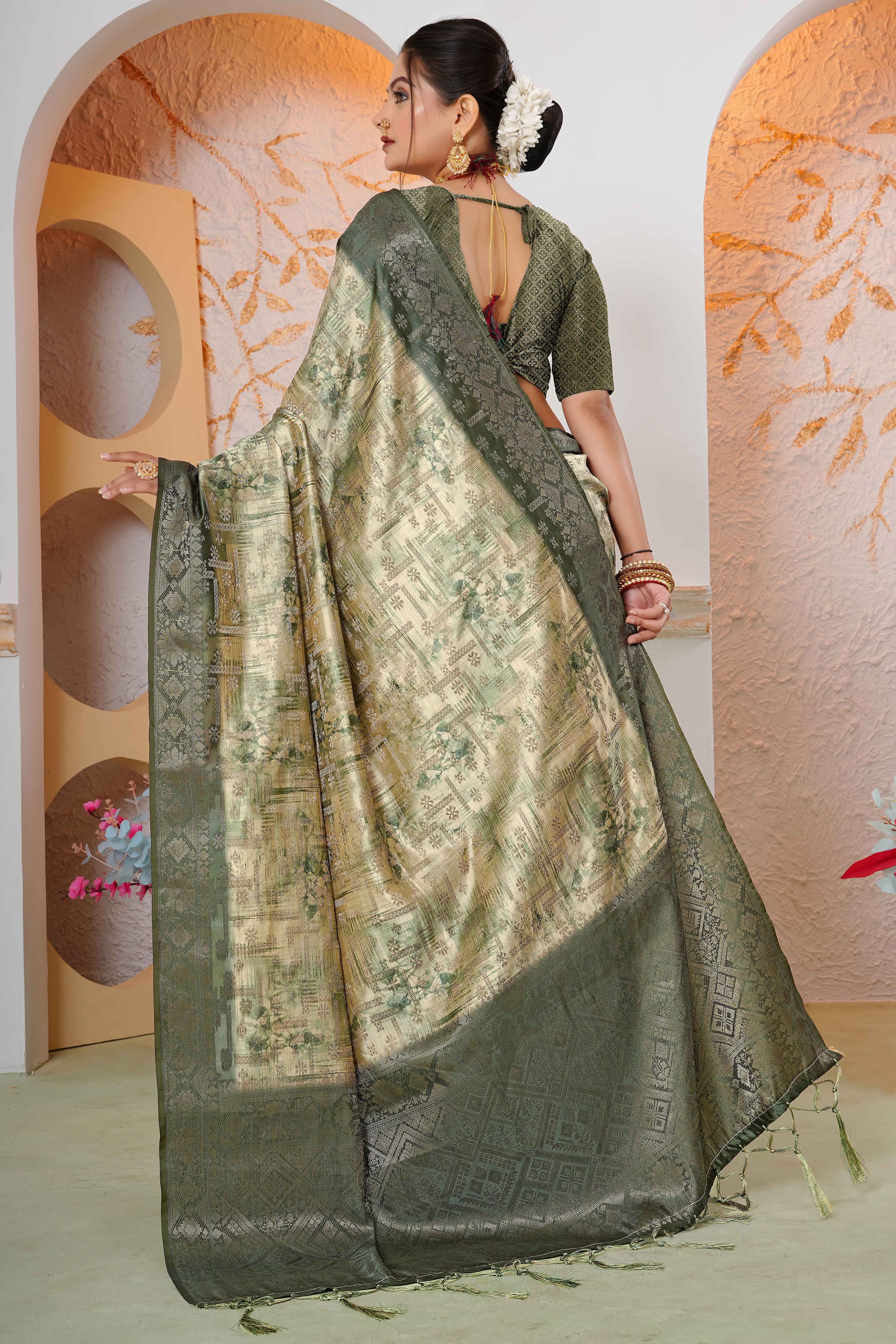 Premium Green Woven & Digitally Printed Silk Saree with Stylish Tassel Pallu