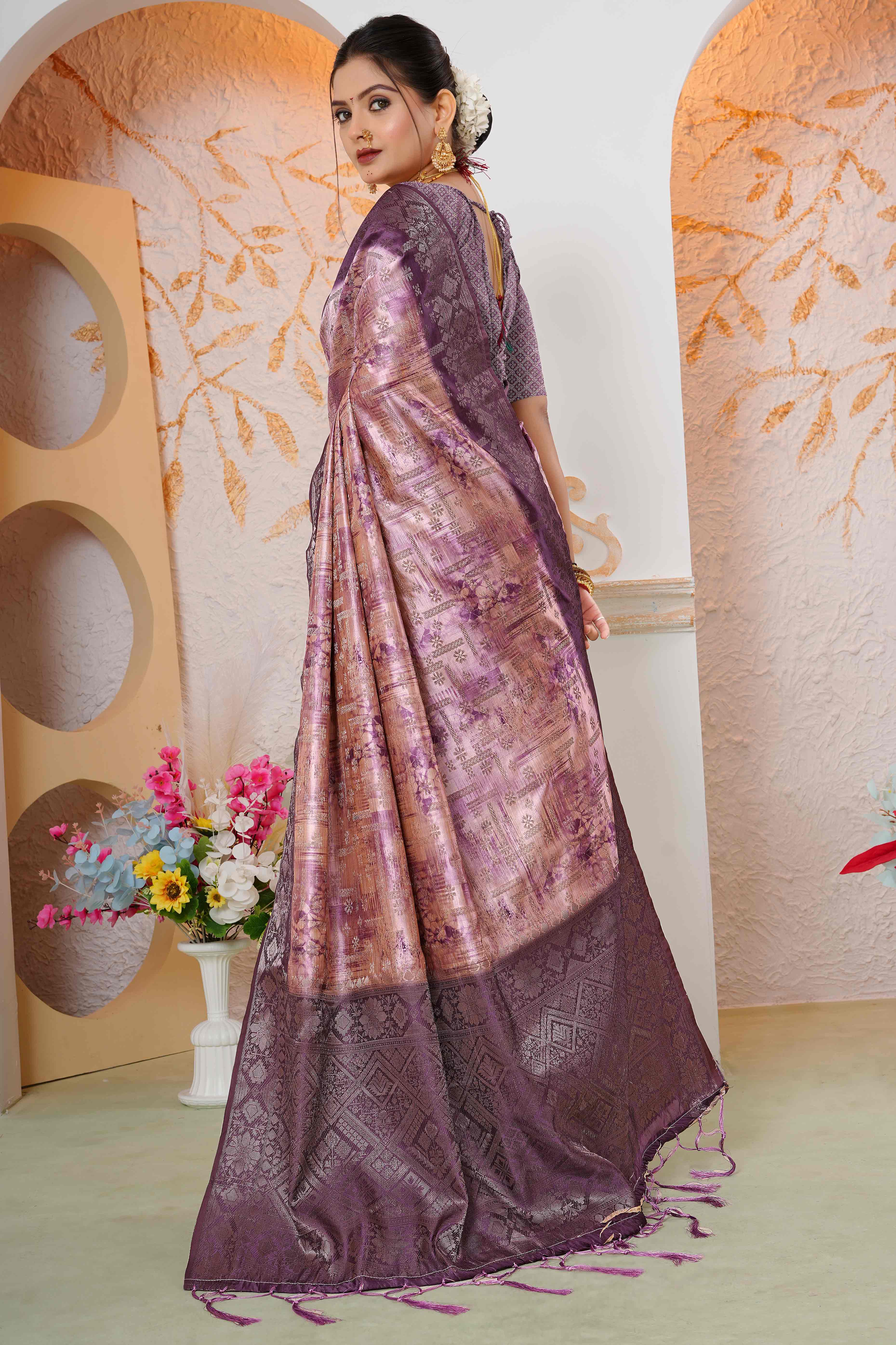 Premium Wine Woven & Digitally Printed Silk Saree with Stylish Tassel Pallu
