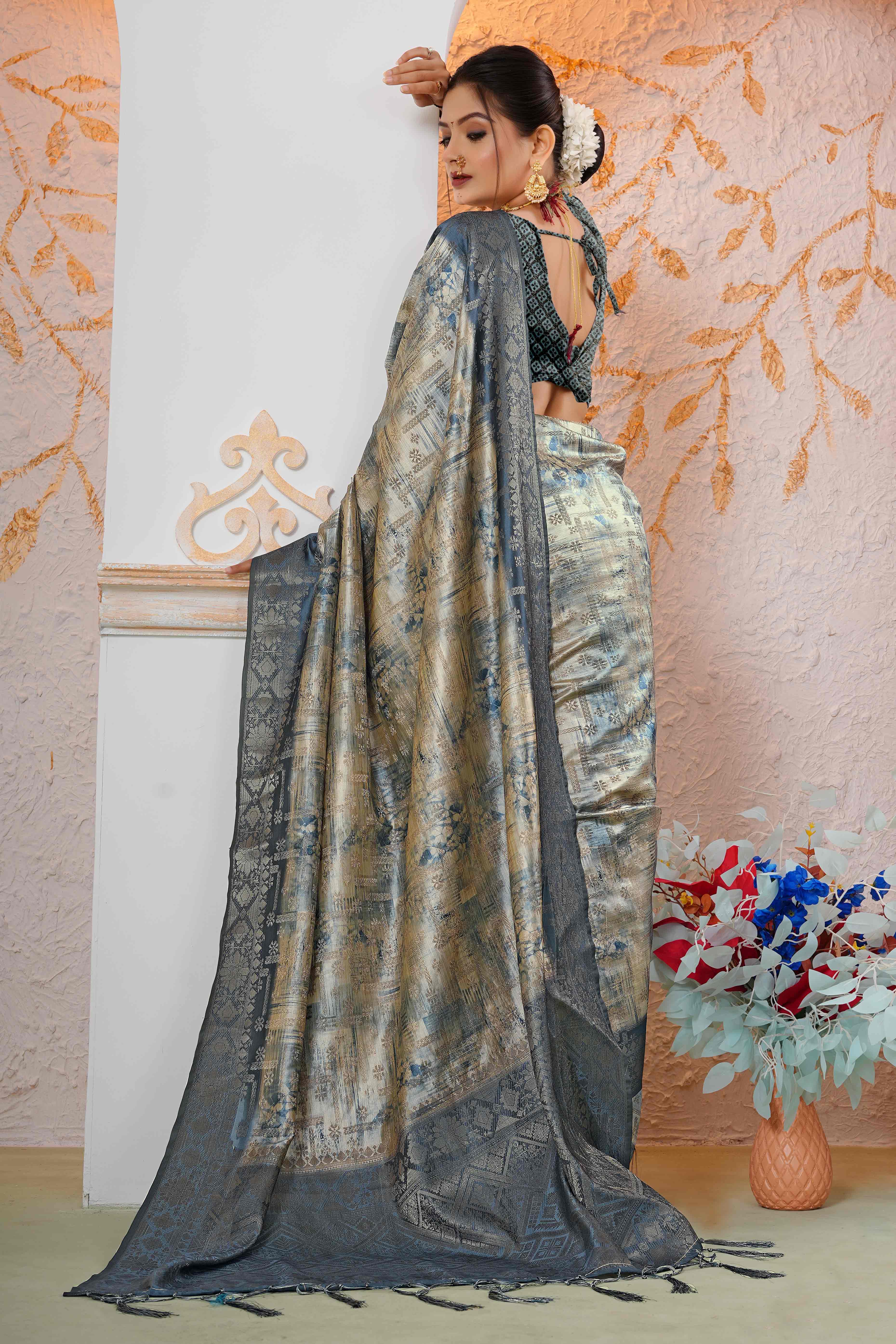 Premium Blue Woven & Digitally Printed Silk Saree with Stylish Tassel Pallu
