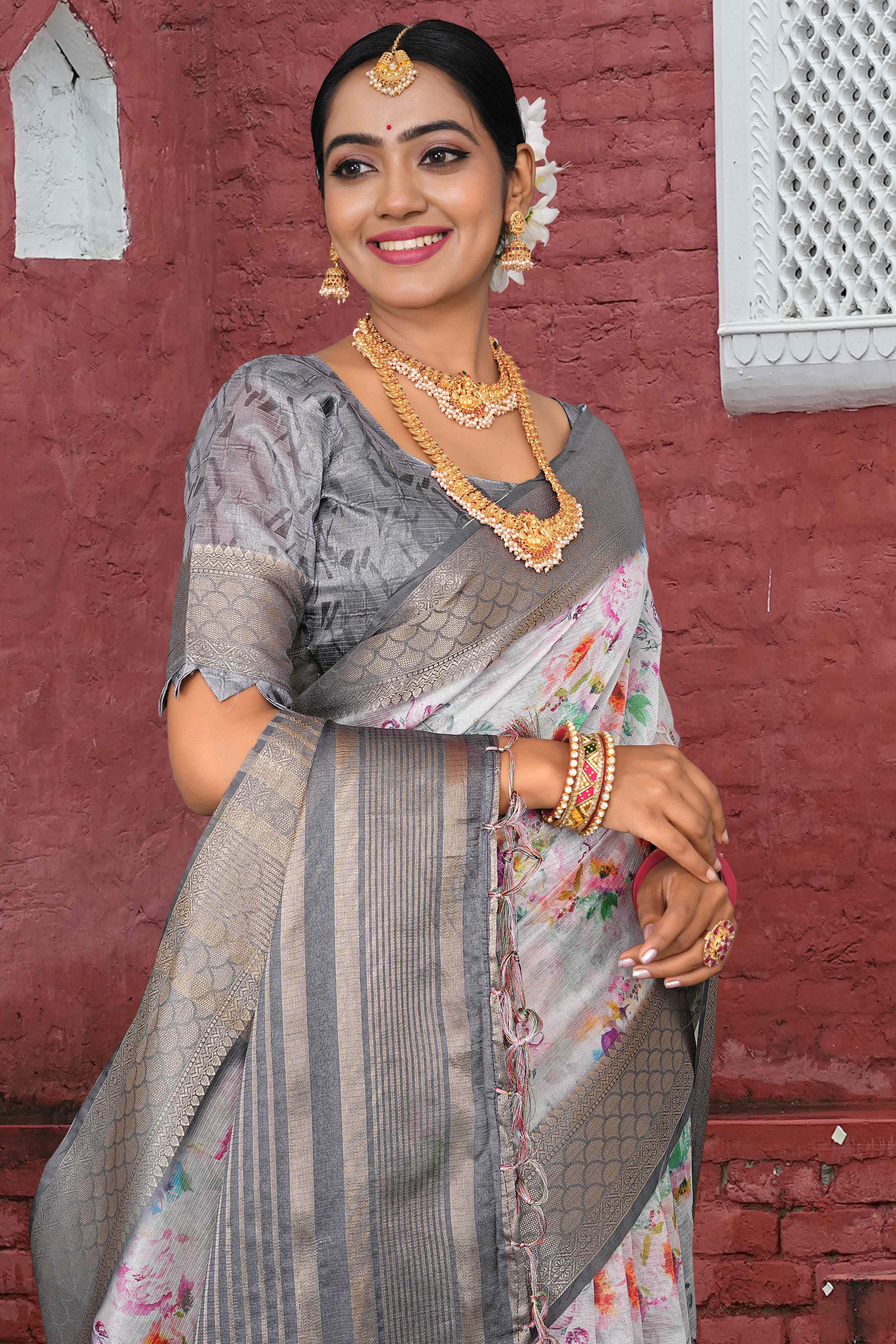 Light Grey Floral Digital Printed Silk Blend Saree With Intricate Weaving Border & Tassel Pallu
