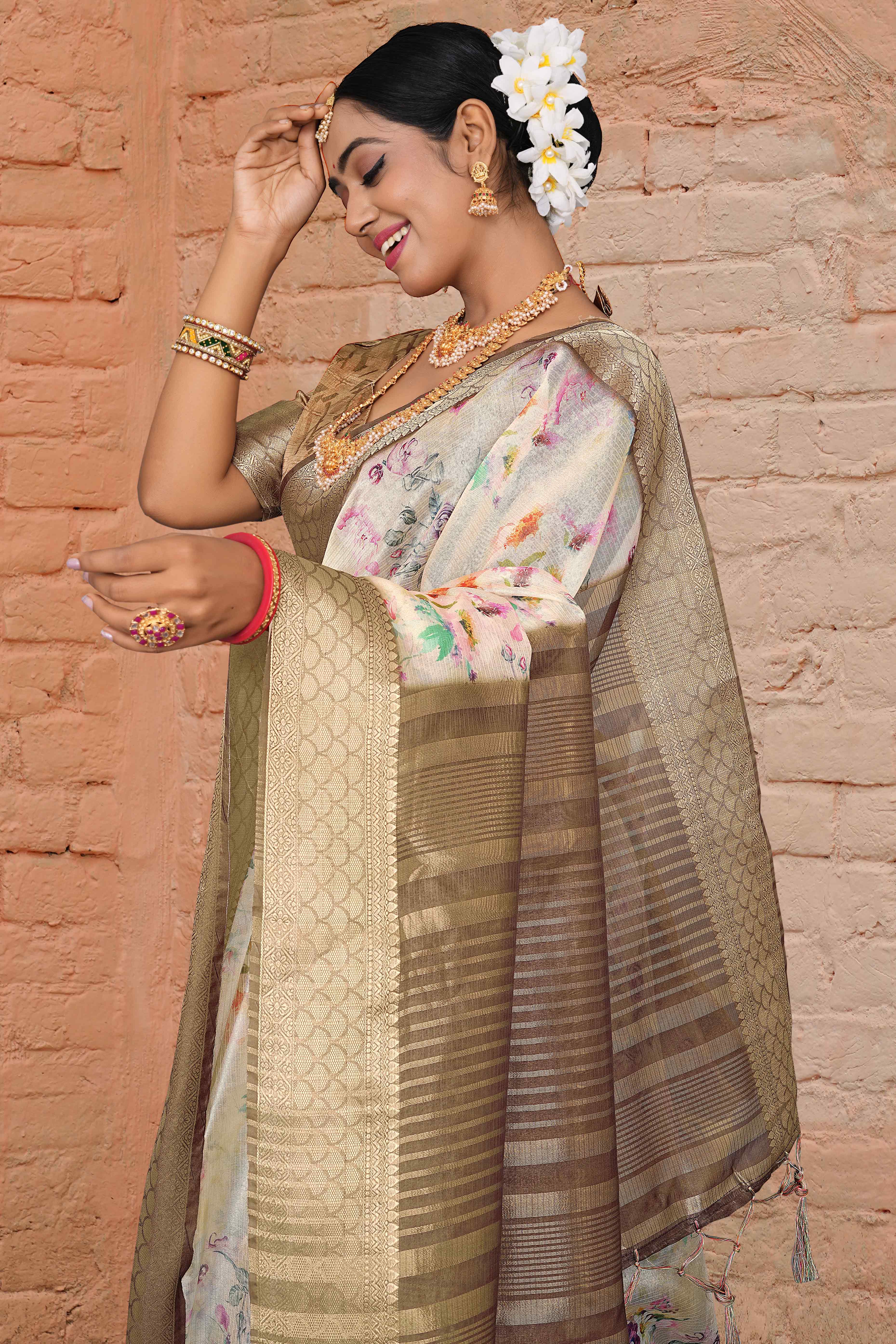 Light Peach Floral Digital Printed Silk Blend Saree With Intricate Weaving Border & Tassel Pallu