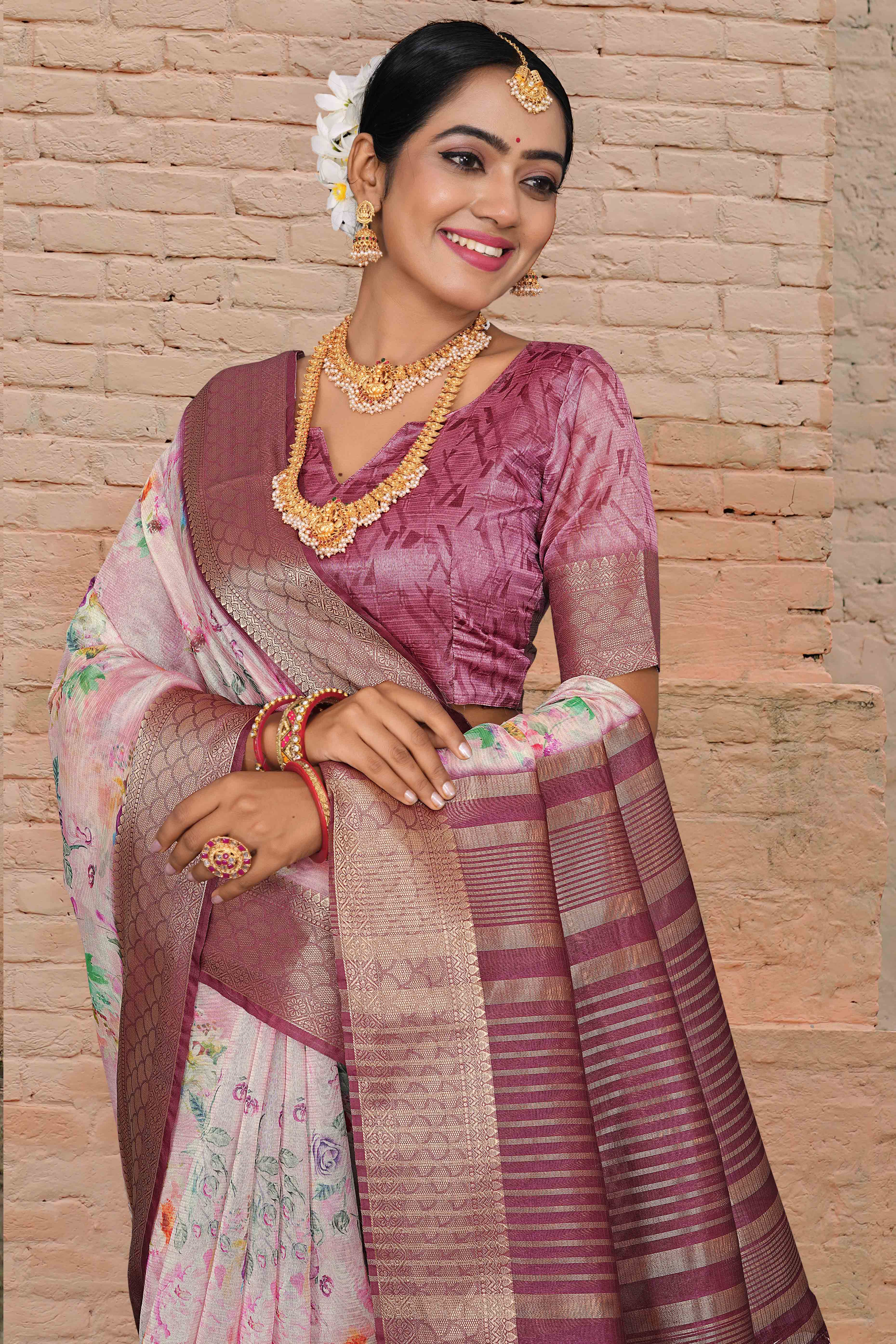 Pastel Pink Floral Digital Printed Silk Blend Saree With Intricate Weaving Border & Tassel Pallu