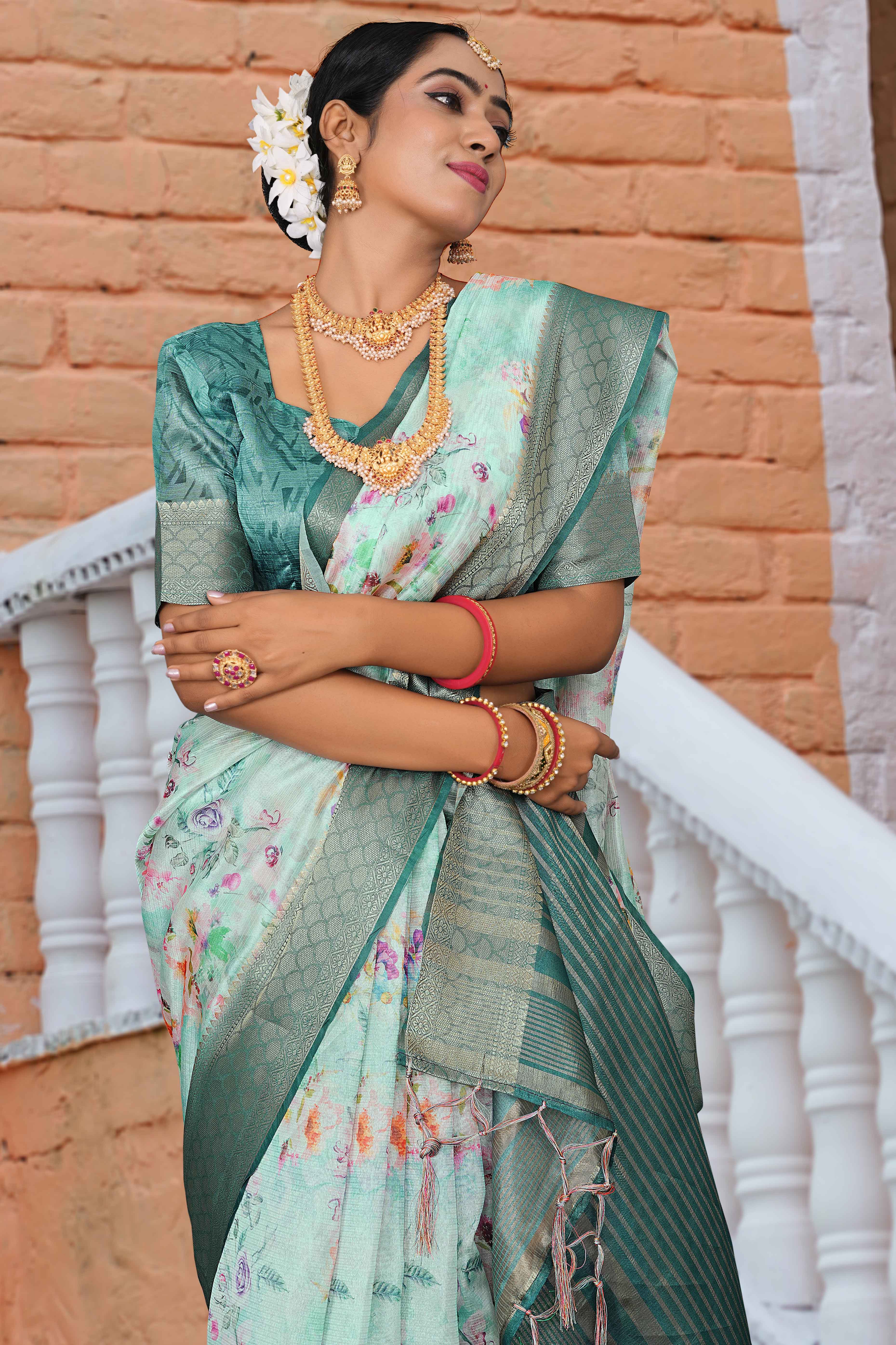 Pale Turquoise Floral Digital Printed Silk Blend Saree With Intricate Weaving Border & Tassel Pallu