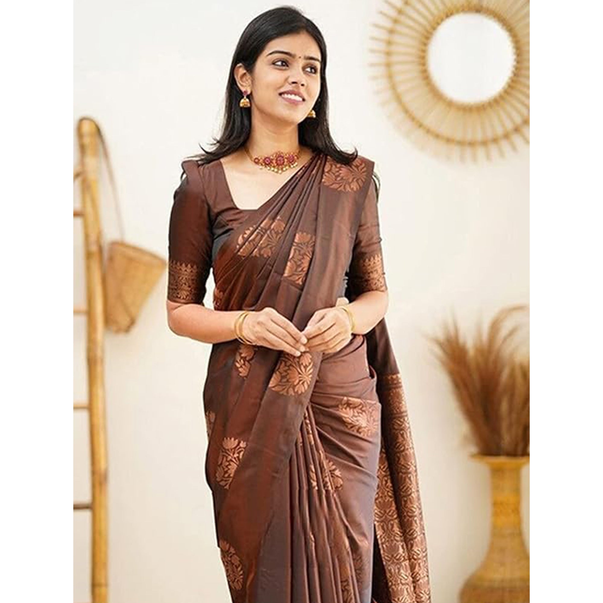 Brown Floral Woven Banarasi Silk Saree