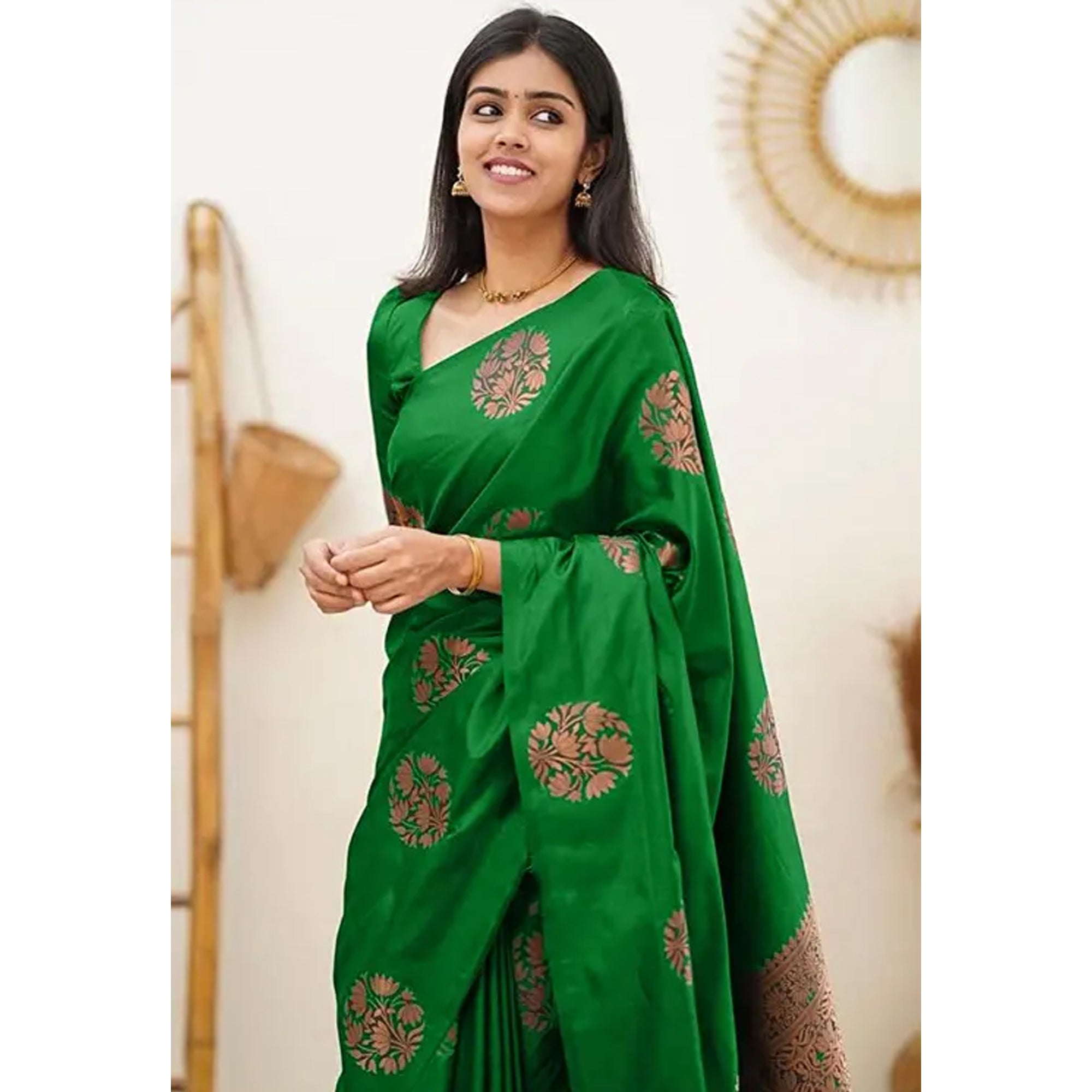 Parrot Green Floral Woven Banarasi Silk Saree