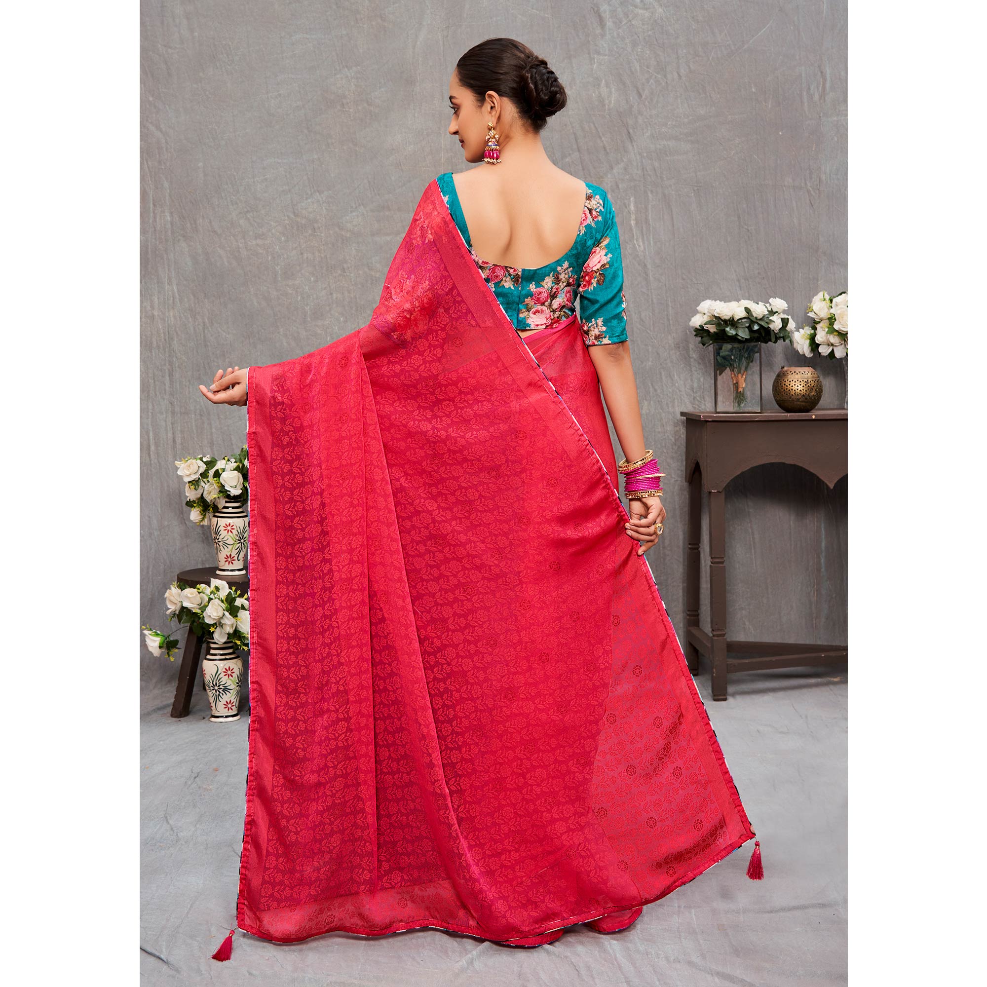 Pink Floral Printed Brasso Saree