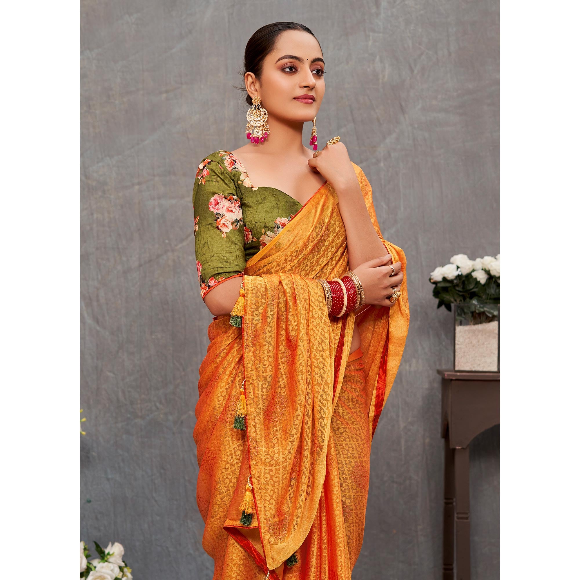 Mustard Printed Brasso Saree