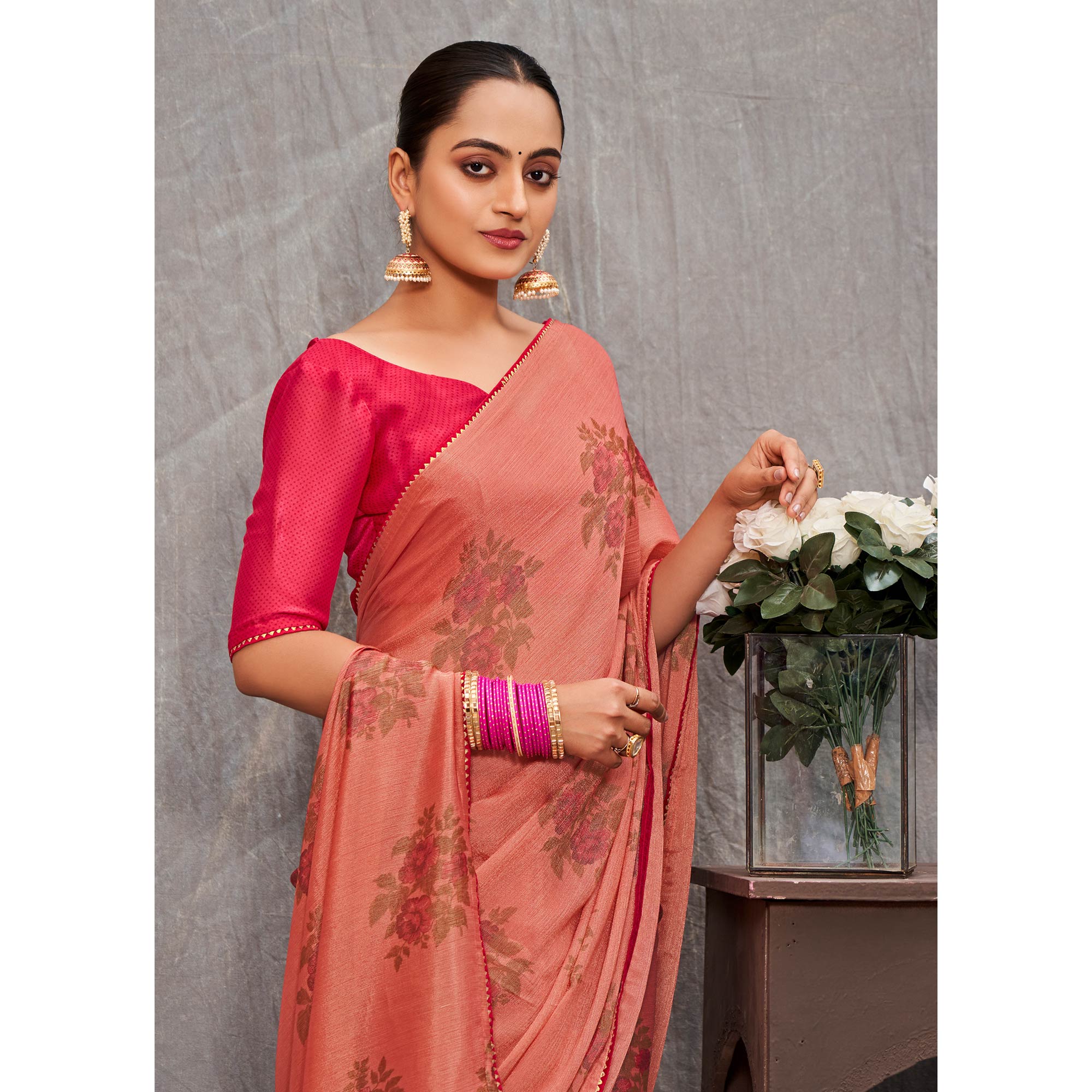 Peach Floral Printed Brasso Saree