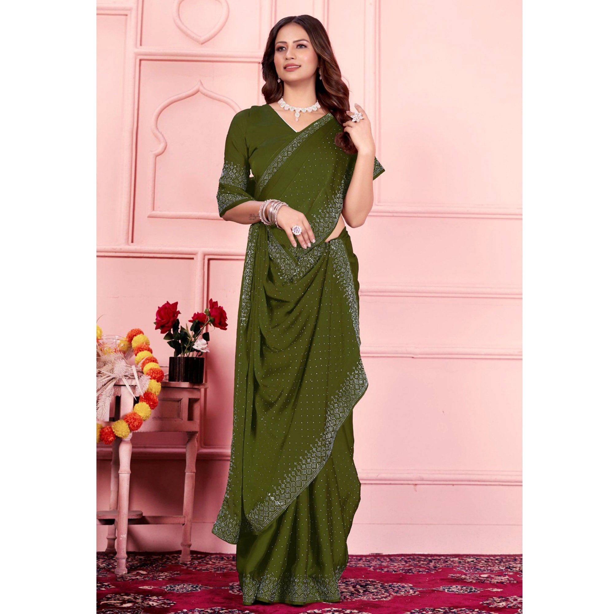 Mehendi Green Swarovski Work Satin Saree