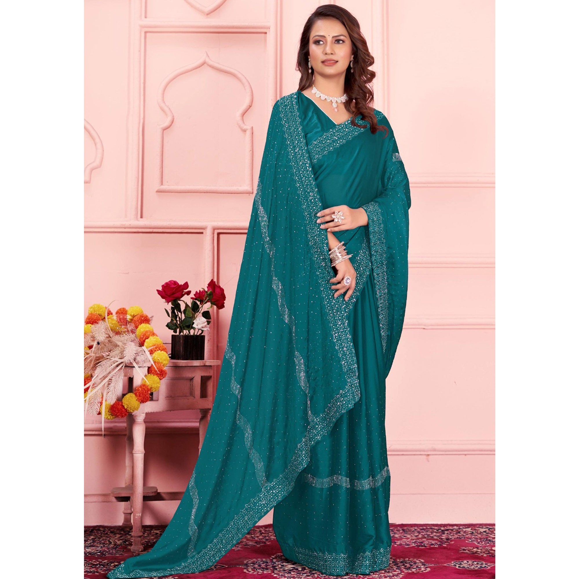 Rama Blue Swarovski Work Satin Saree