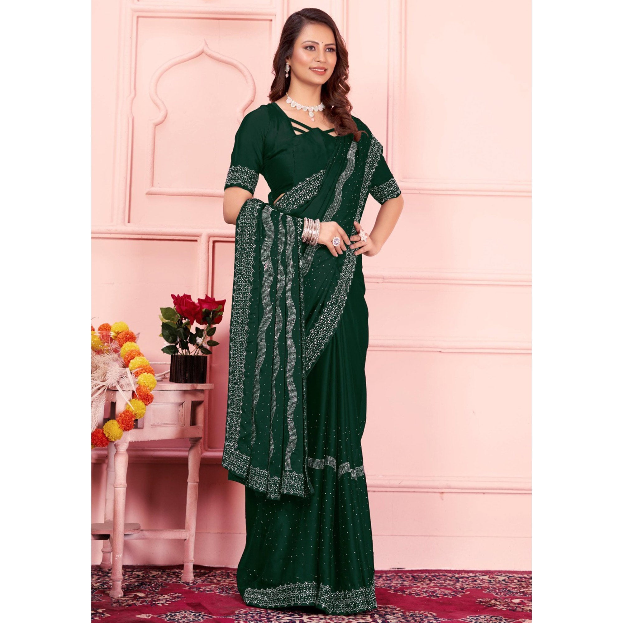 Green Swarovski Work Satin Saree