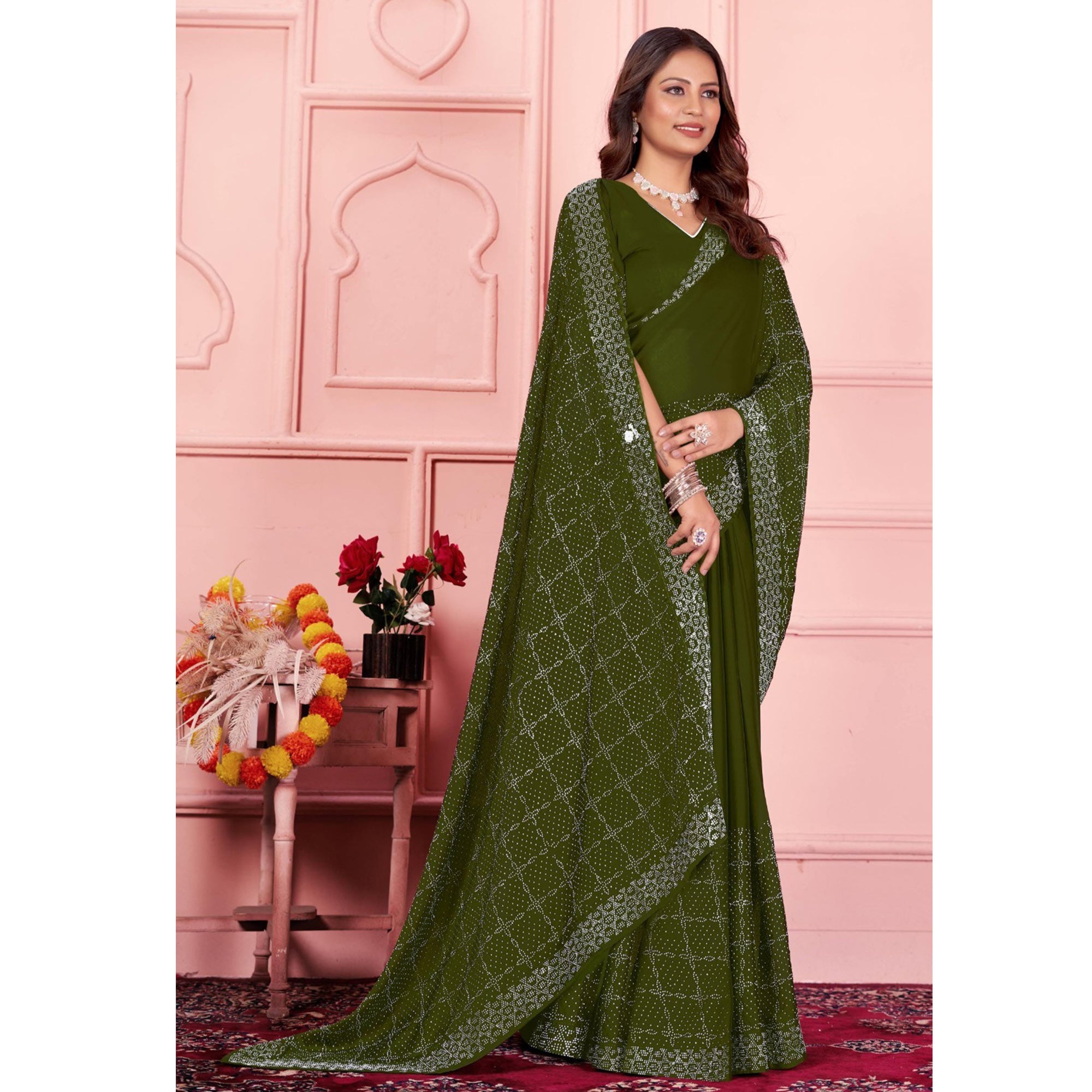 Mehendi Green Swarovski Work Satin Saree